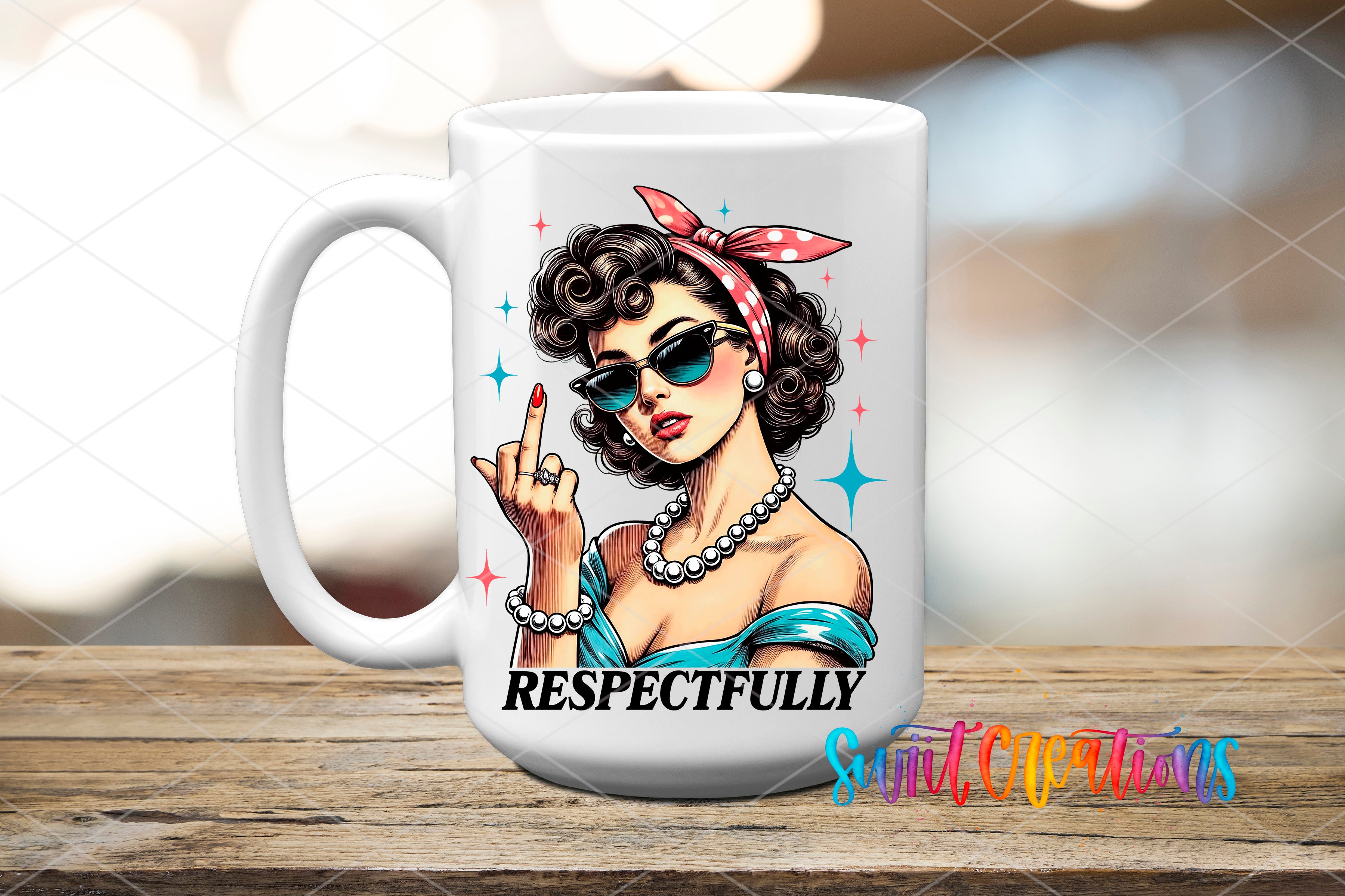 A white ceramic mug with a colorful illustration of a woman wearing sunglasses, a red bow, and a "Respectfully" text below the illustration.