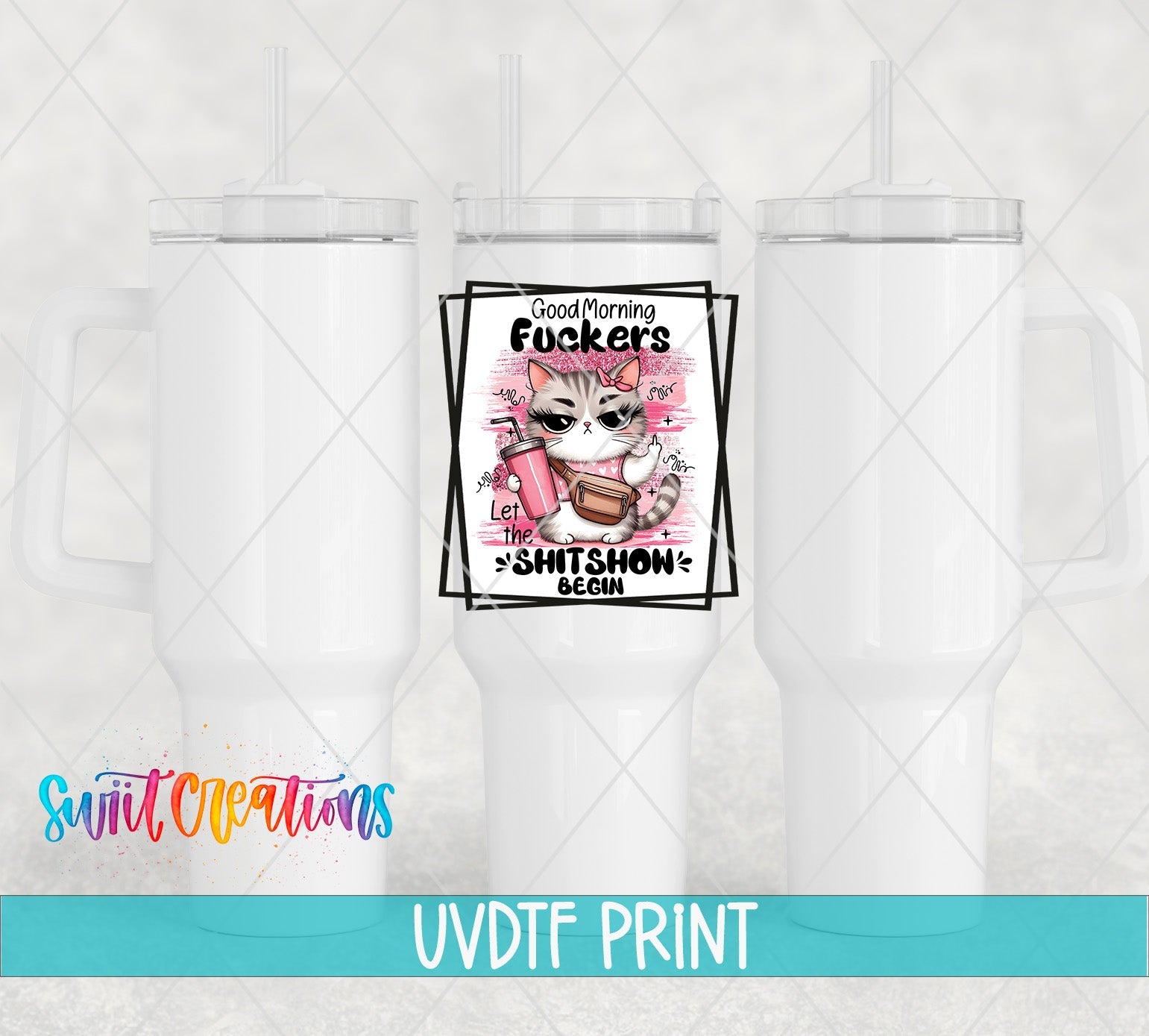 a white tumbler with a picture of a cat on it
