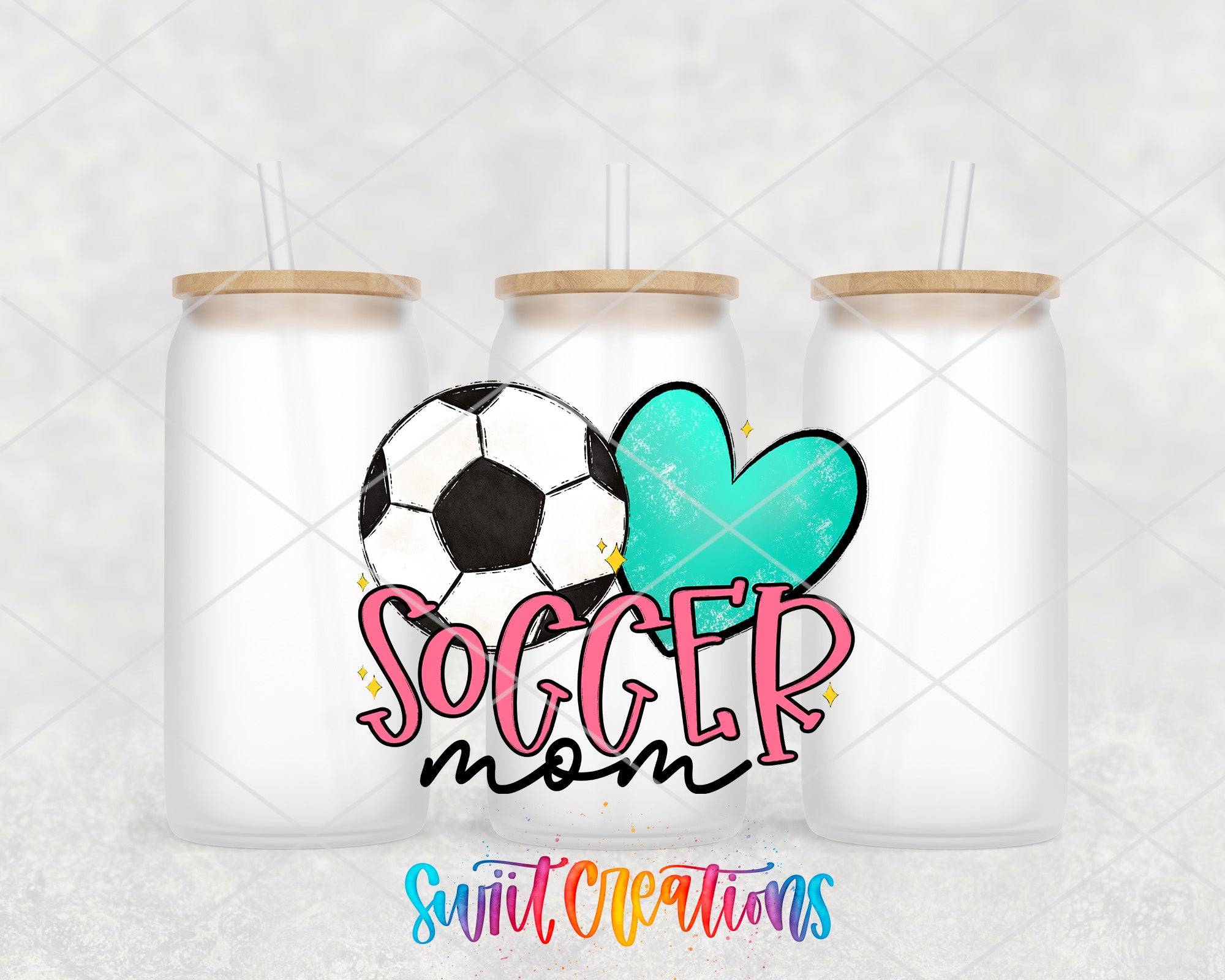 three white tumblers with straws, each containing a soccer ball and a heart, along with the text "SOCCER mom" written in a colorful, stylized font.