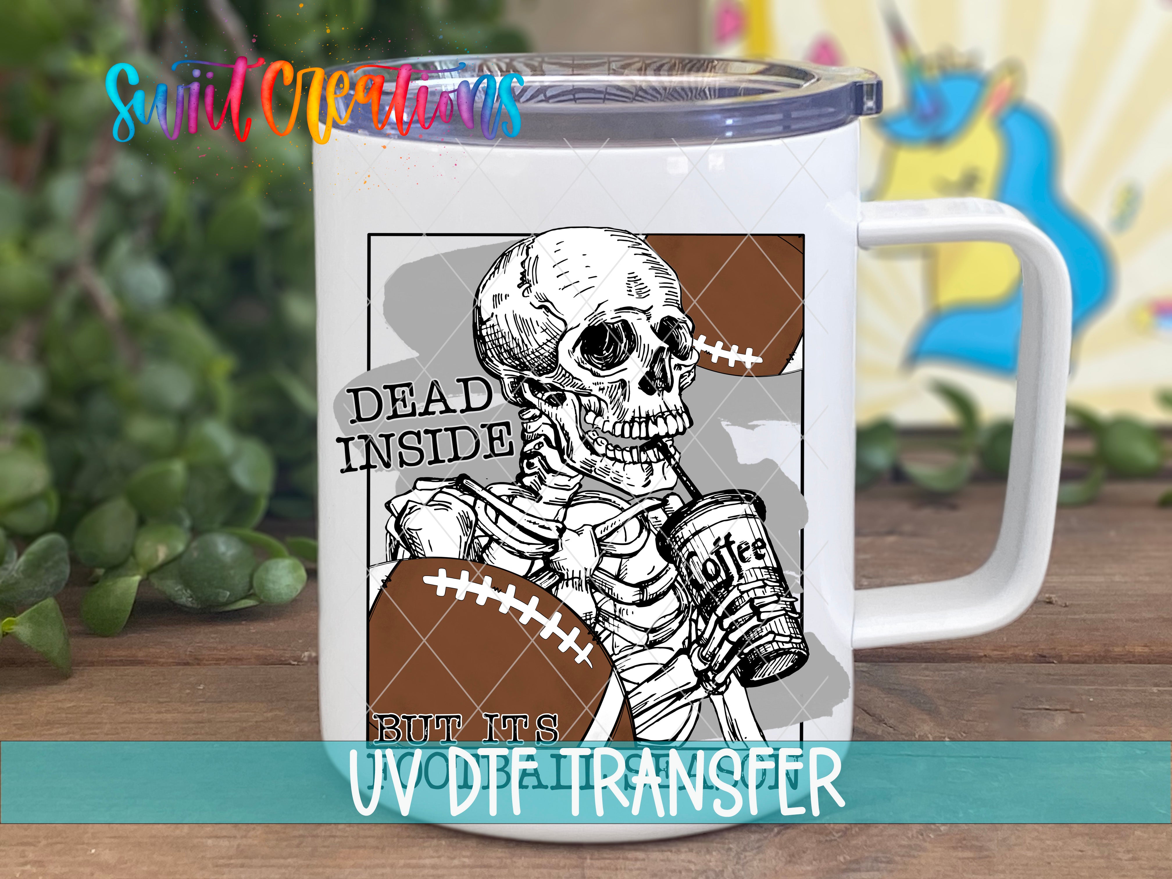 A white mug with a graphic design featuring a skeleton holding a football and the text "Dead inside" above it.