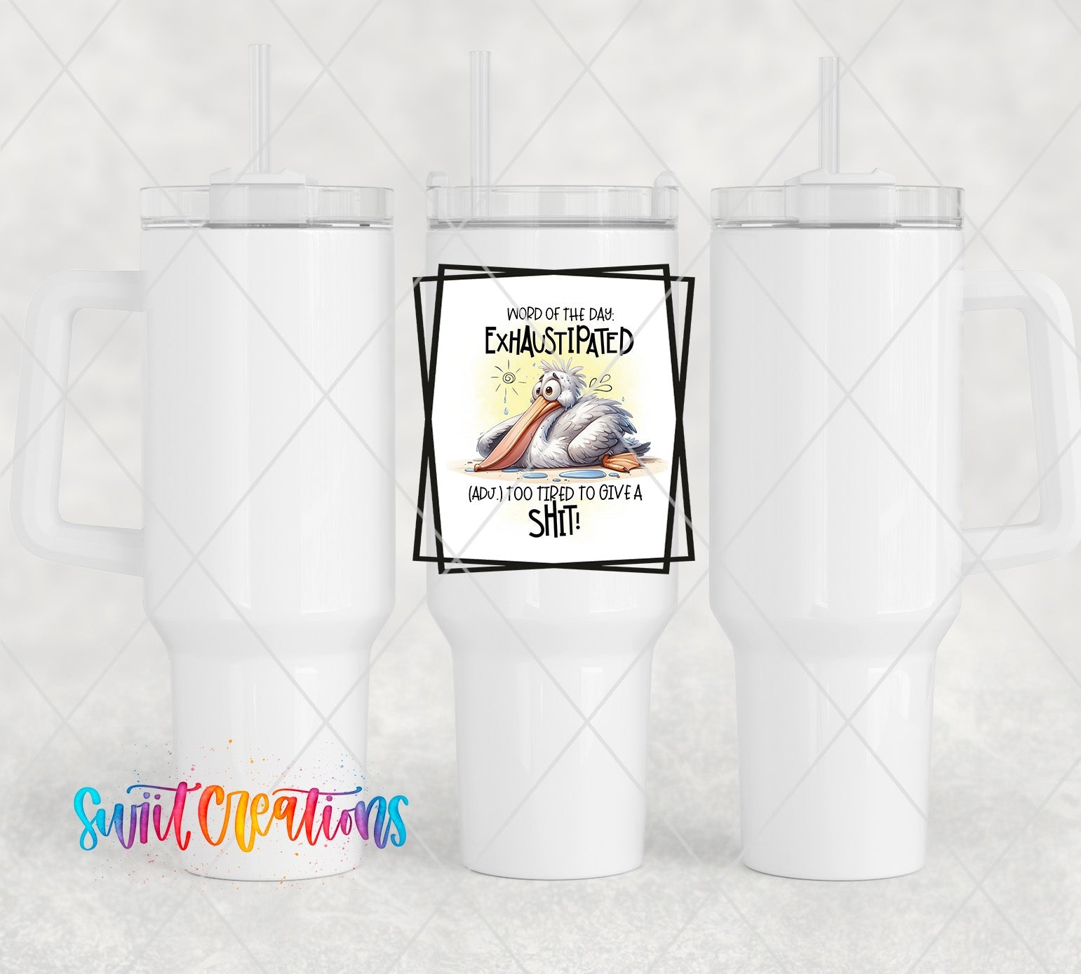 a white cup with a picture of a seal on it