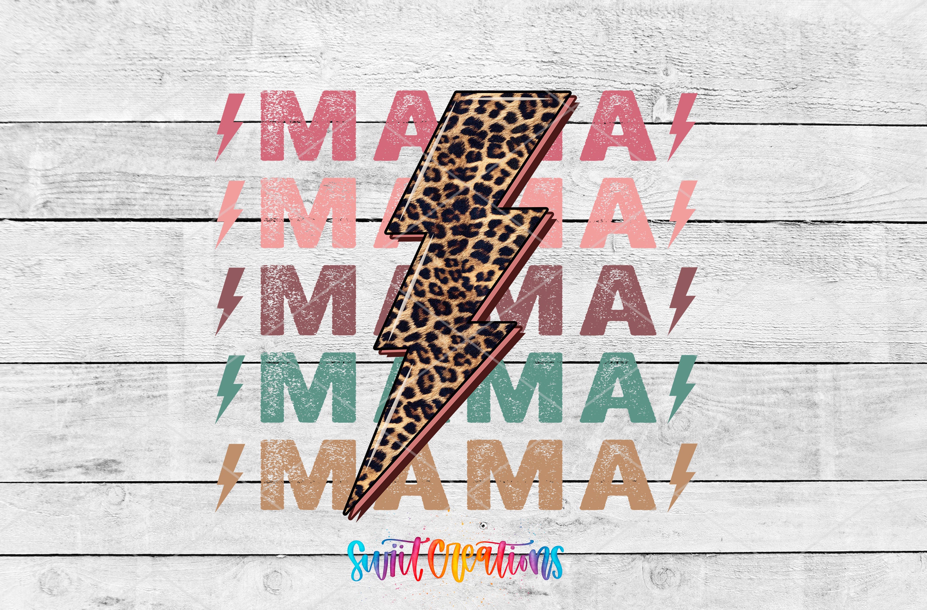 A collage of various images featuring the word "Mama" in different colors and styles, with a leopard print lightning bolt graphic overlaid on the center image.