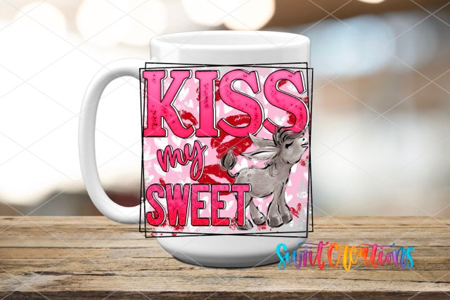 a white coffee mug with the words kiss my sweet on it