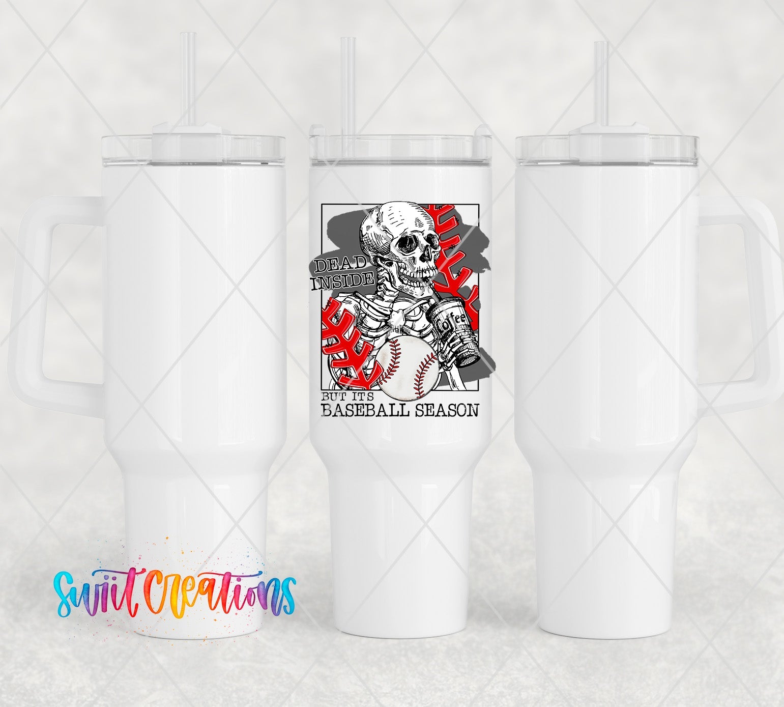 a white tumbler with a picture of a skeleton holding a baseball bat