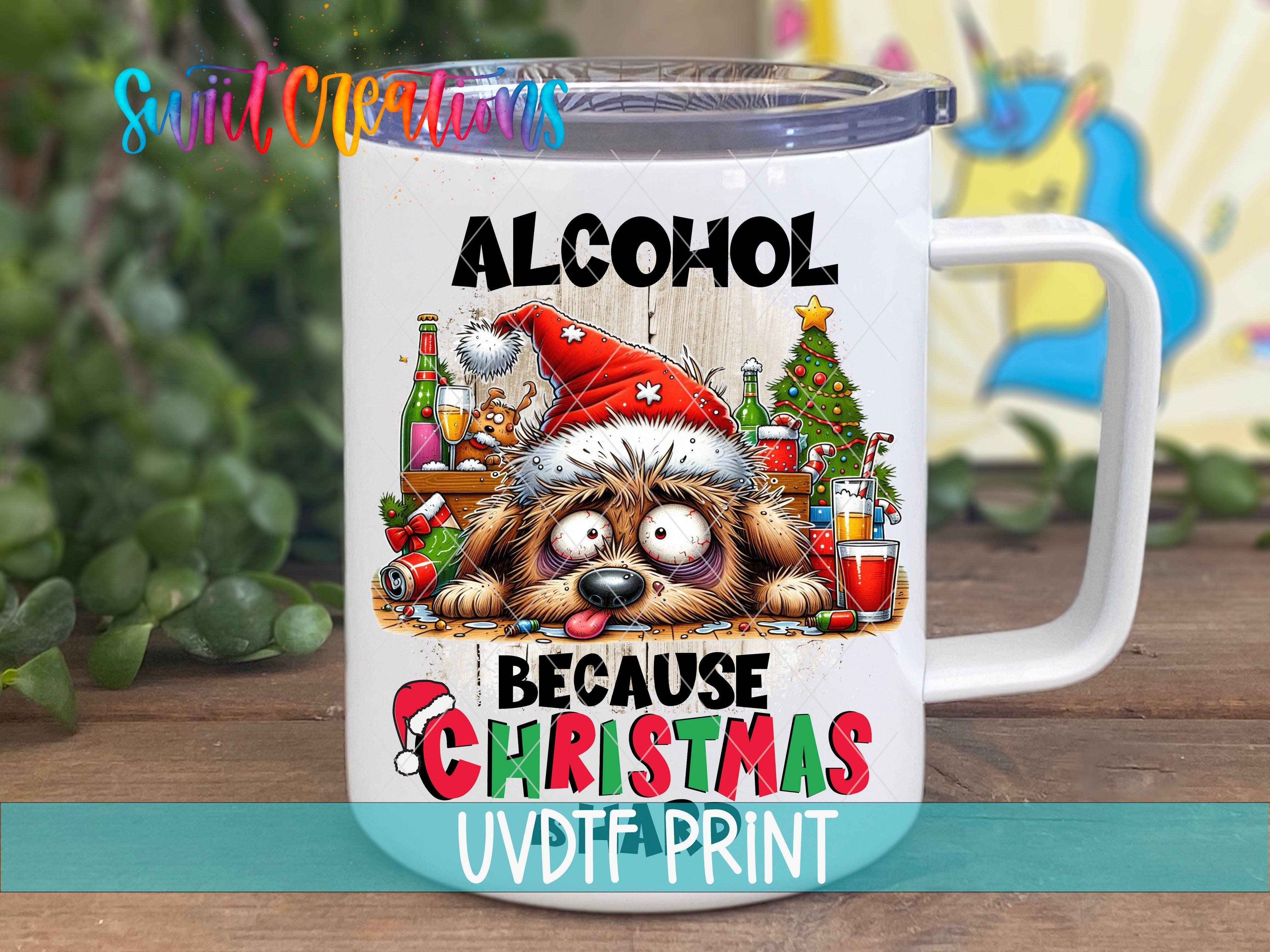 a white coffee mug with an image of a raccoon wearing a santa hat