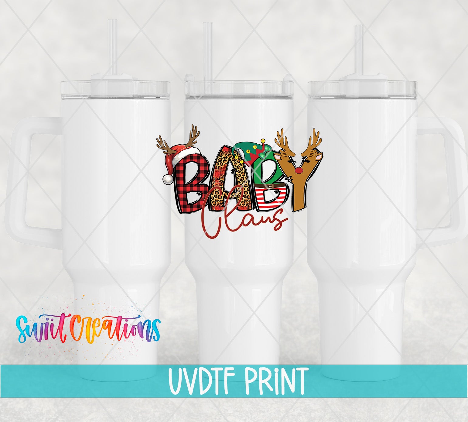 three white tumblers with a colorful and festive design, including the text "BABY CLANS" and a Santa hat. The text is stylized and appears to be a part of a larger design.