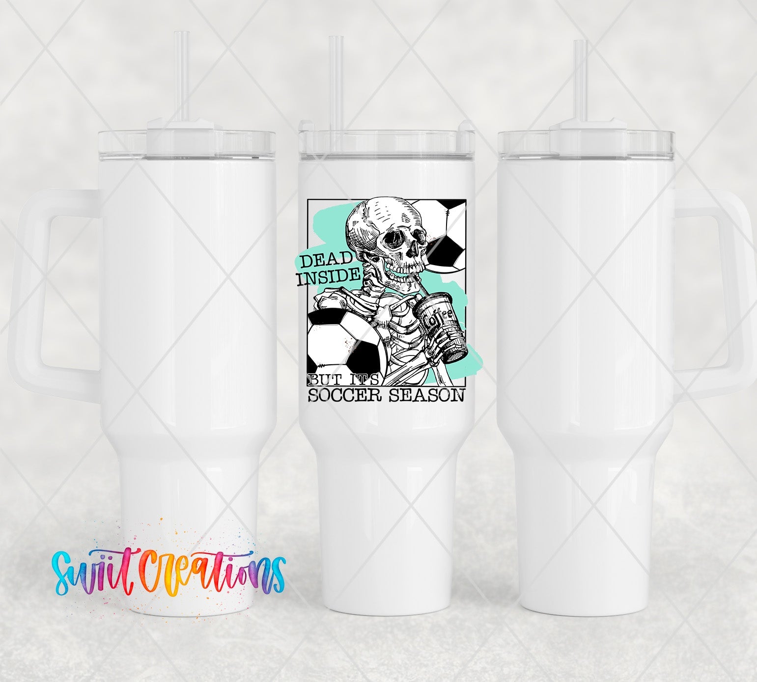 a white cup with a skeleton on it
