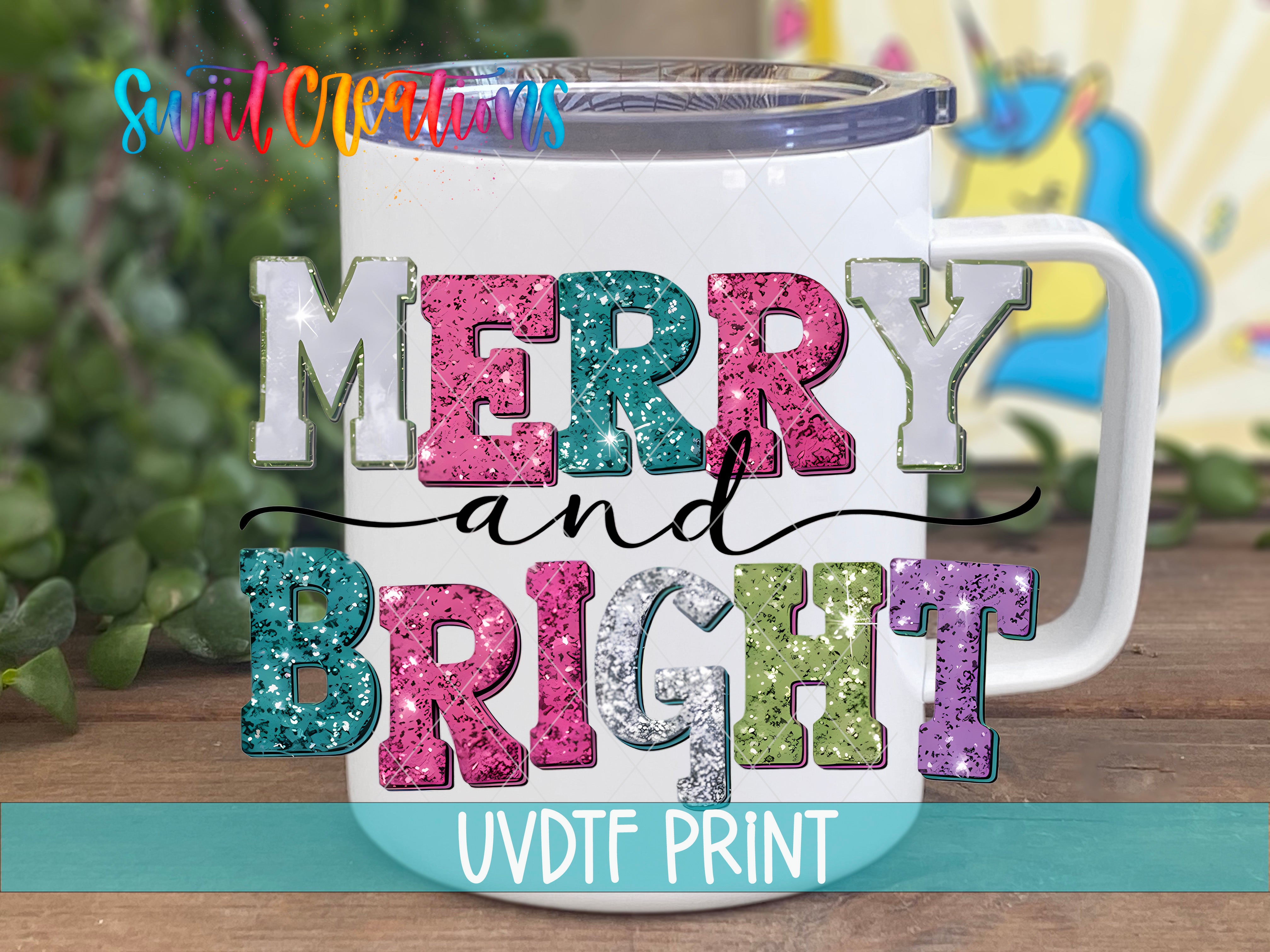 A white mug with colorful glitter text that says "MERRY and BRIGHT" on it, placed on a wooden surface with a blurred background.