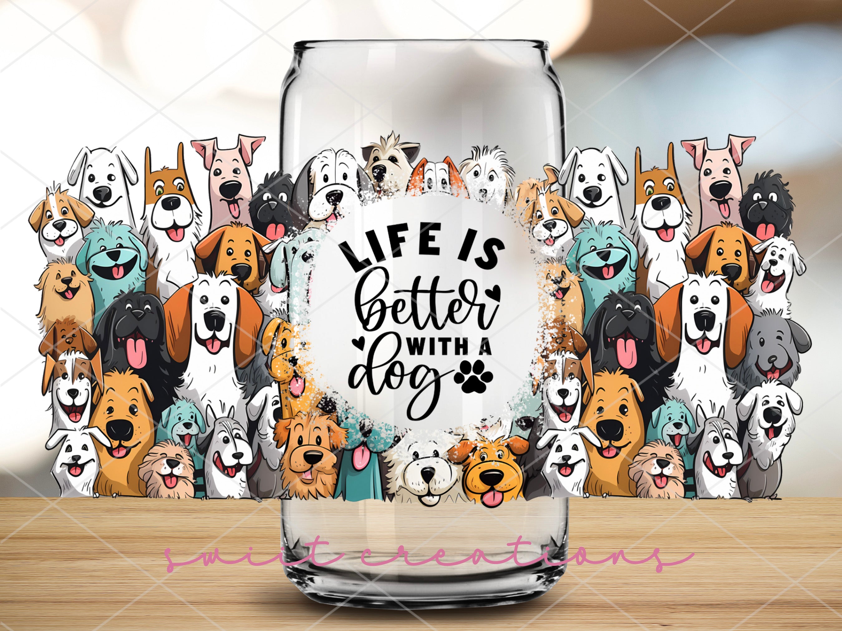 a glass with a picture of dogs on it