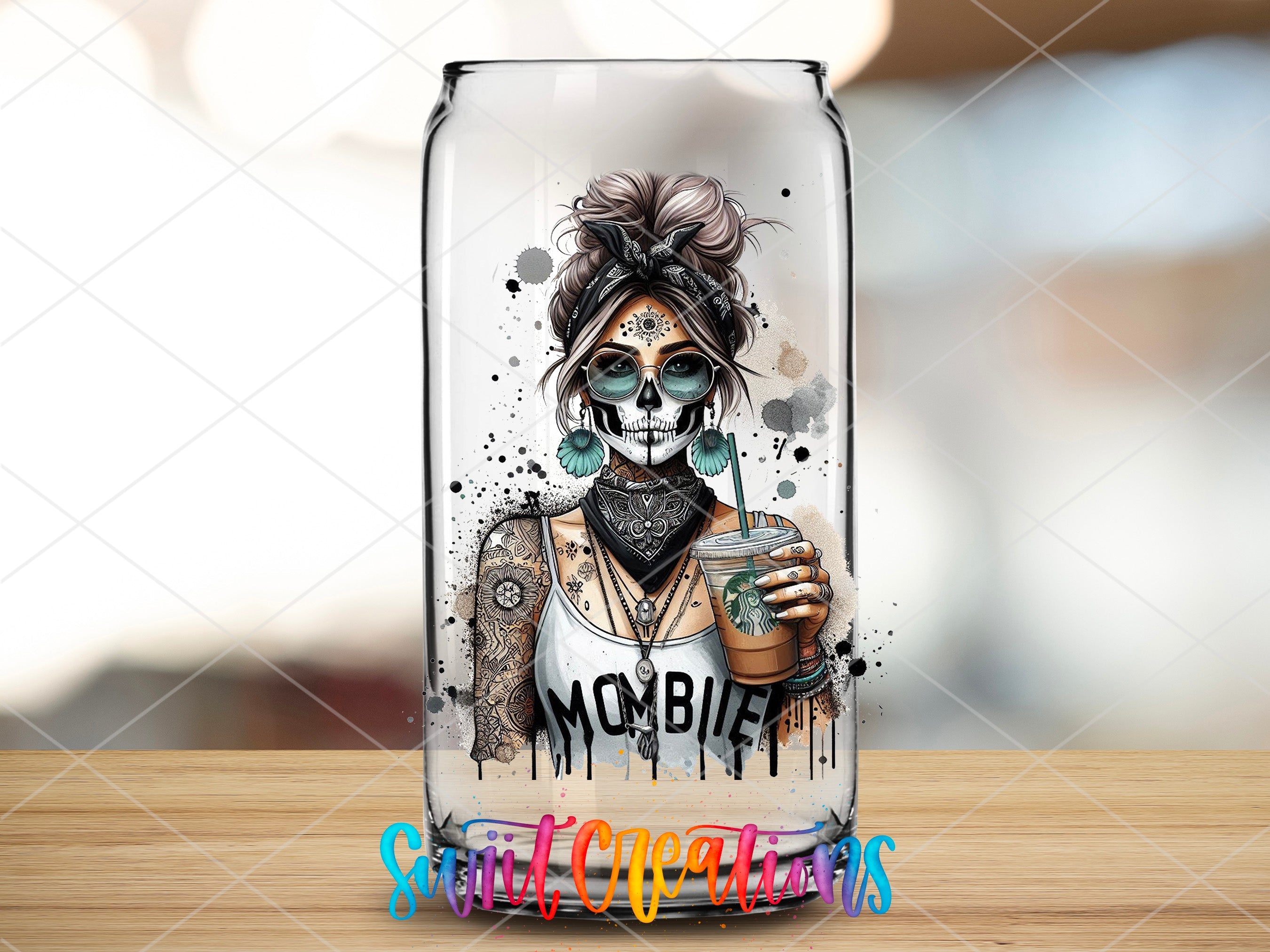 a glass with a picture of a woman holding a drink