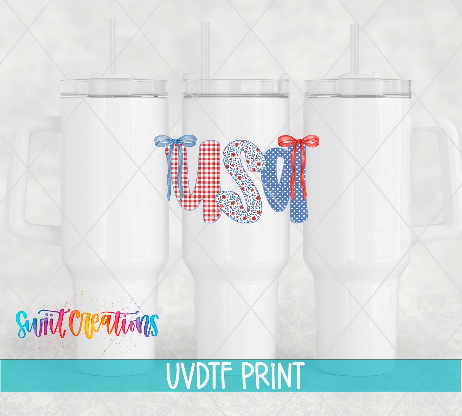 three white tumblers with the word "USA" printed on them, along with decorative ribbons.
