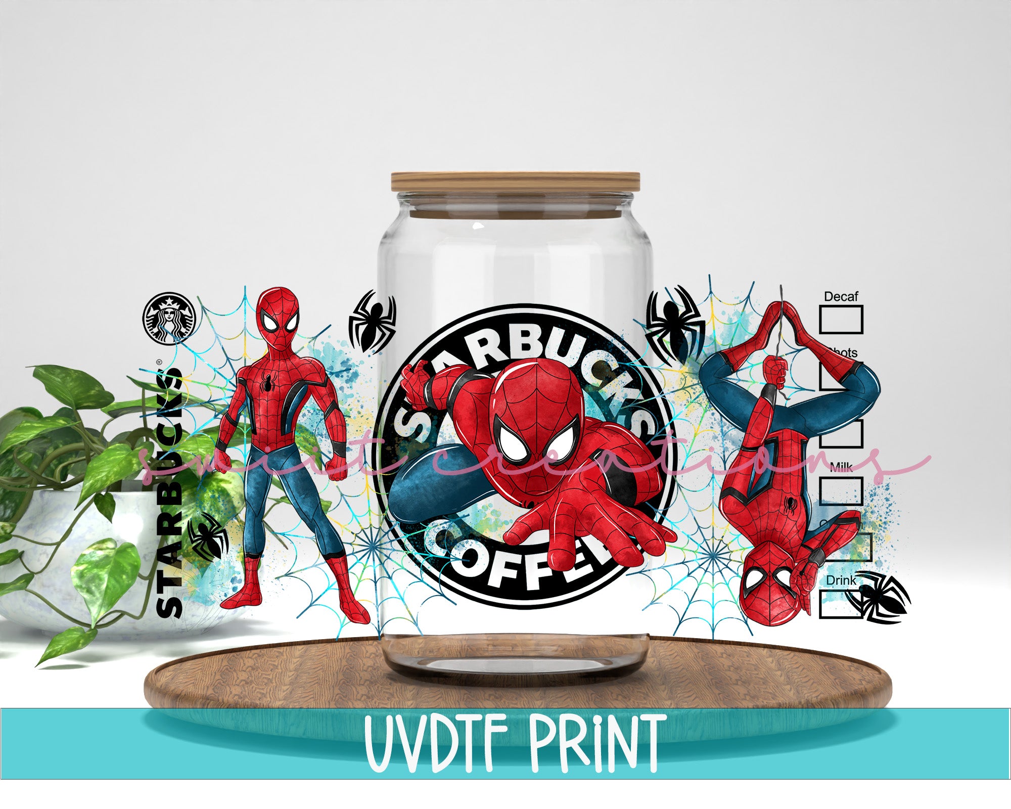 a glass jar with a spiderman sticker on it