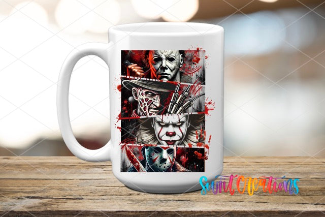 a white coffee mug with a picture of two clowns on it