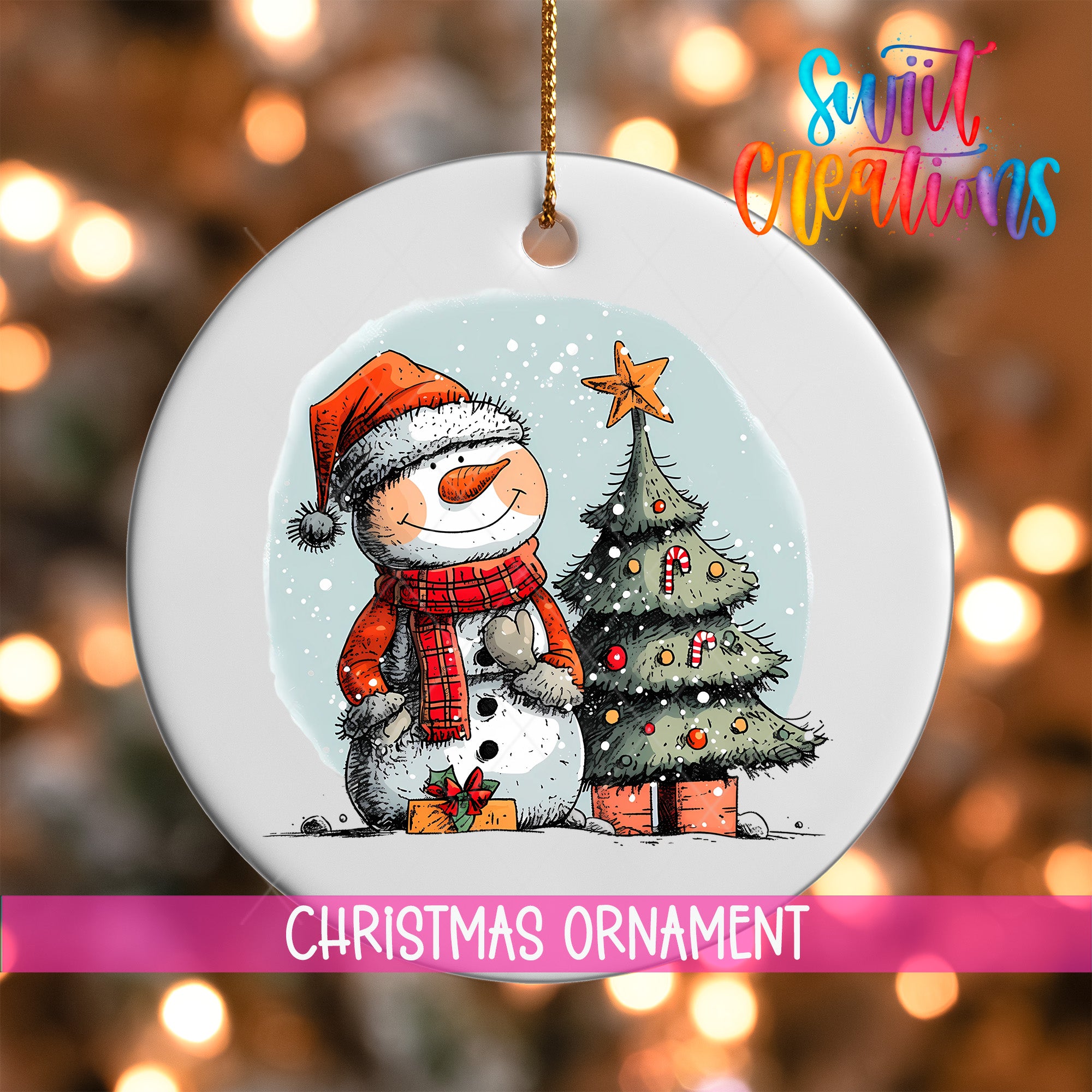 A snowman wearing a red scarf and hat stands next to a Christmas tree, with a star on top, against a background of twinkling lights.