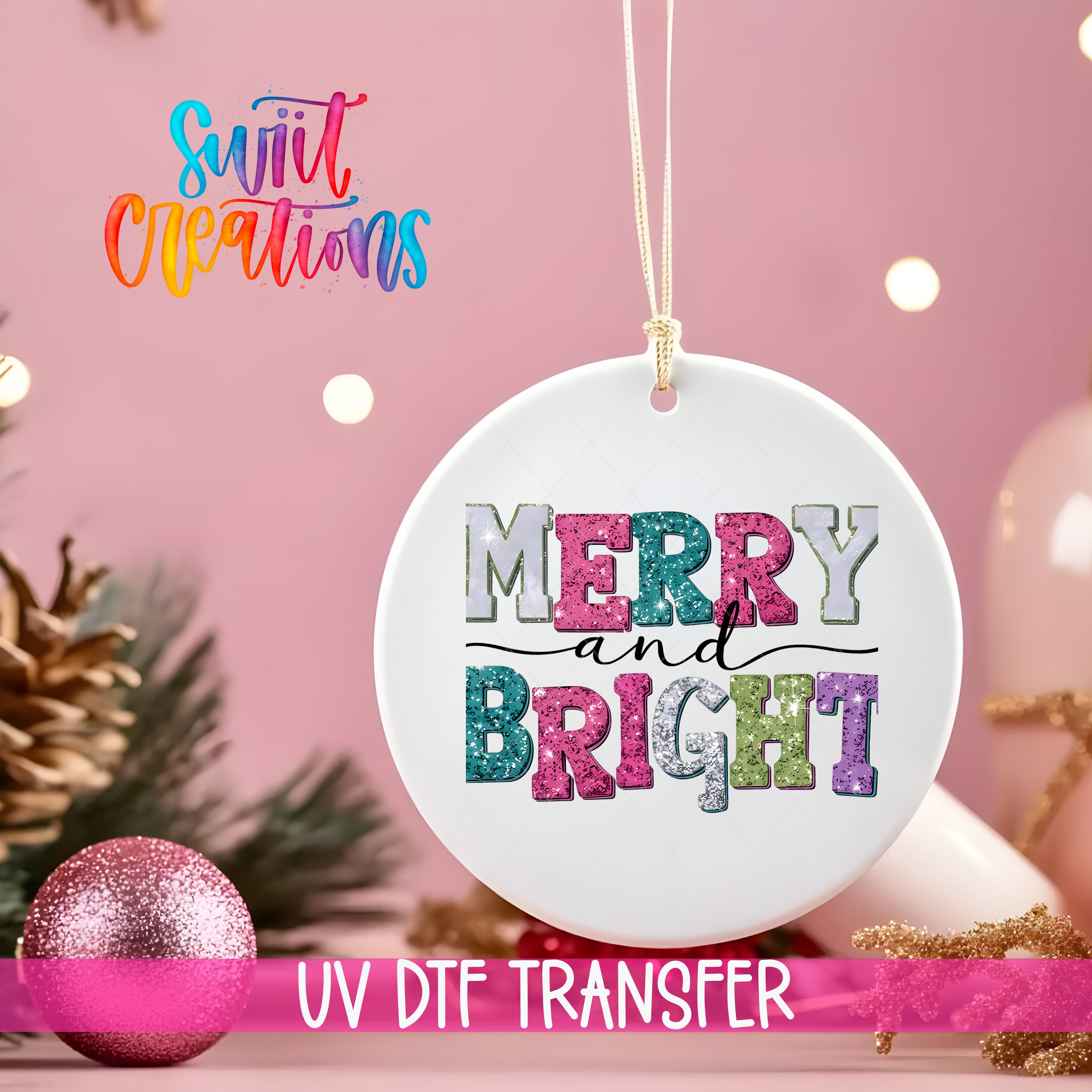 A white ornament with the text "MERRY AND BRIGHT" in colorful letters, hanging on a string against a pink background with Christmas decorations in the background.