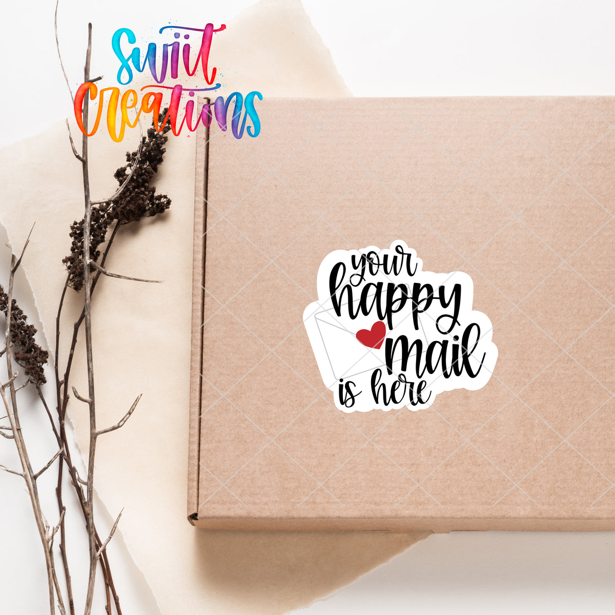 a box with a sticker that says your happy mail is mine