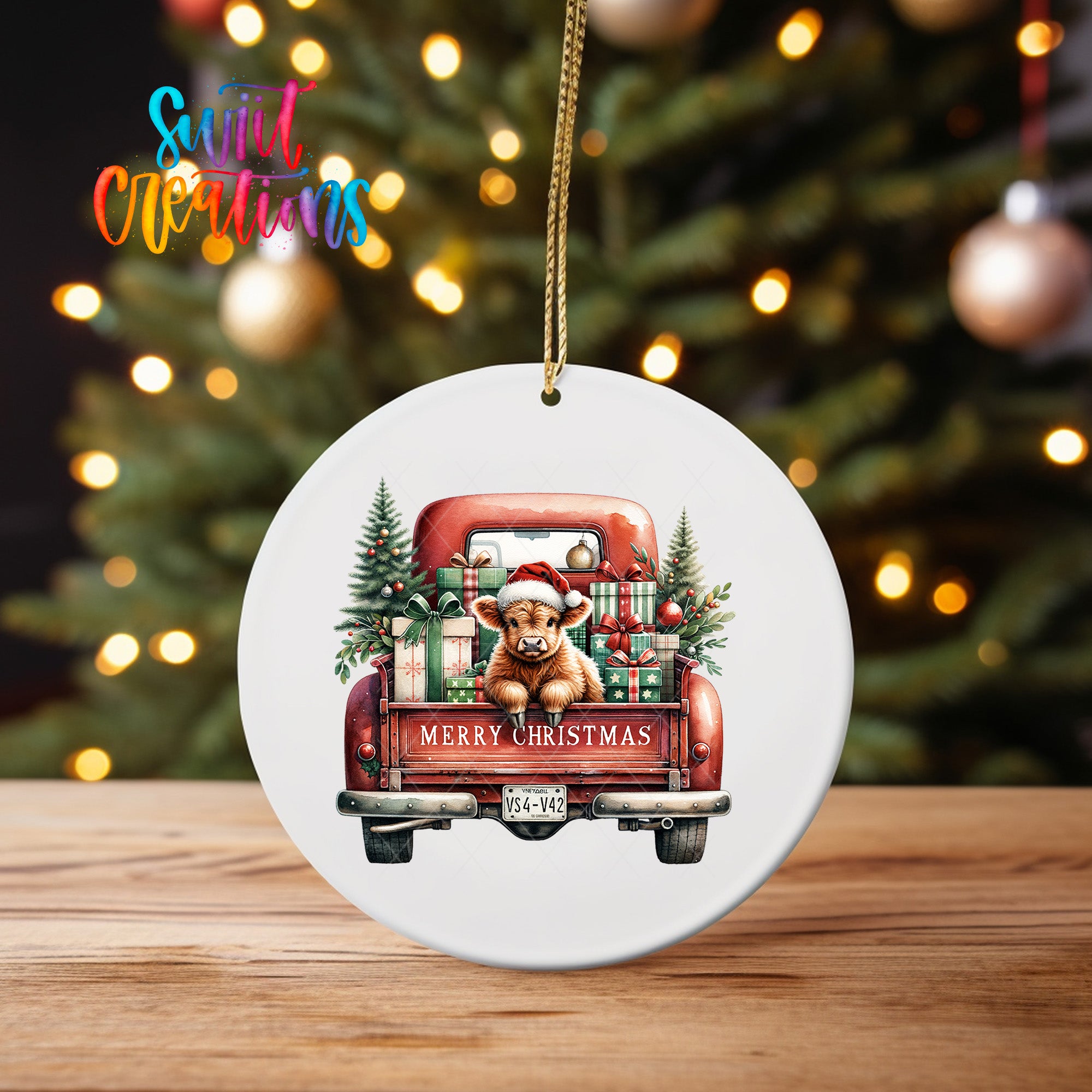 A white ceramic ornament featuring a red truck with a dog in the back, surrounded by Christmas decorations and the text "Merry Christmas" on the truck.