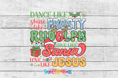 Dance Like Frosty word art UV DTF transfer artwork on a white wood background