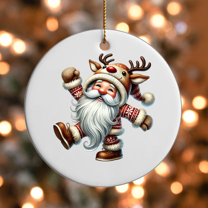 Dancing Reindeer Gnome ornament UV DTF transfer on a round white ornament with a bokeh light background