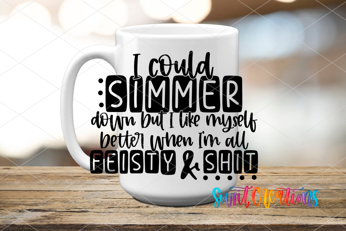 Feisty and Sh*t UV DTF transfer on a white ceramic coffee mug