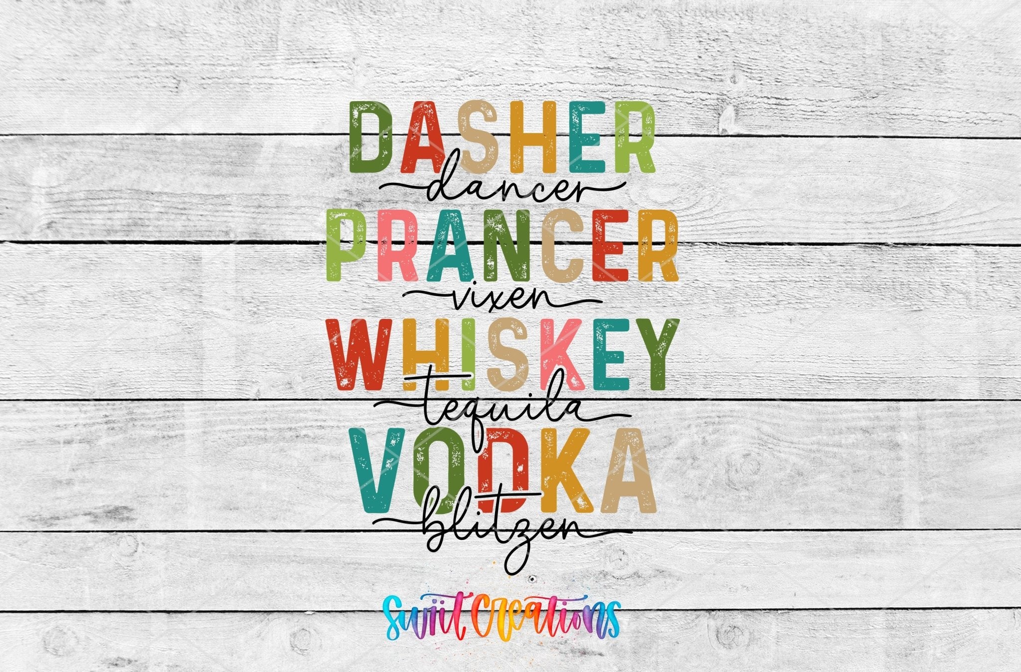 Swiit Creations UV DTF Reindeer Names and Holiday Spirits transfer shown as the full artwork preview