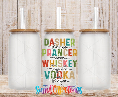 Dasher Dancer Prancer Whiskey UV DTF transfer on frosted glass cans with bamboo lids