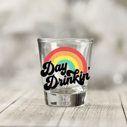 Close-up of the Day Drinkin' UV DTF transfer on a clear shot glass