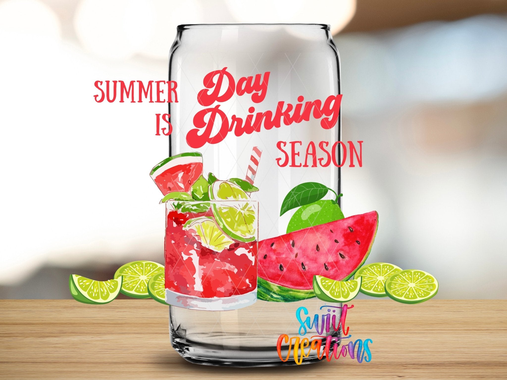 Day Drinking UV DTF Transfer Tumbler Wrap | Watermelon Lime Summer Cocktail Cup Decal | DTF008 - Swiit Creations