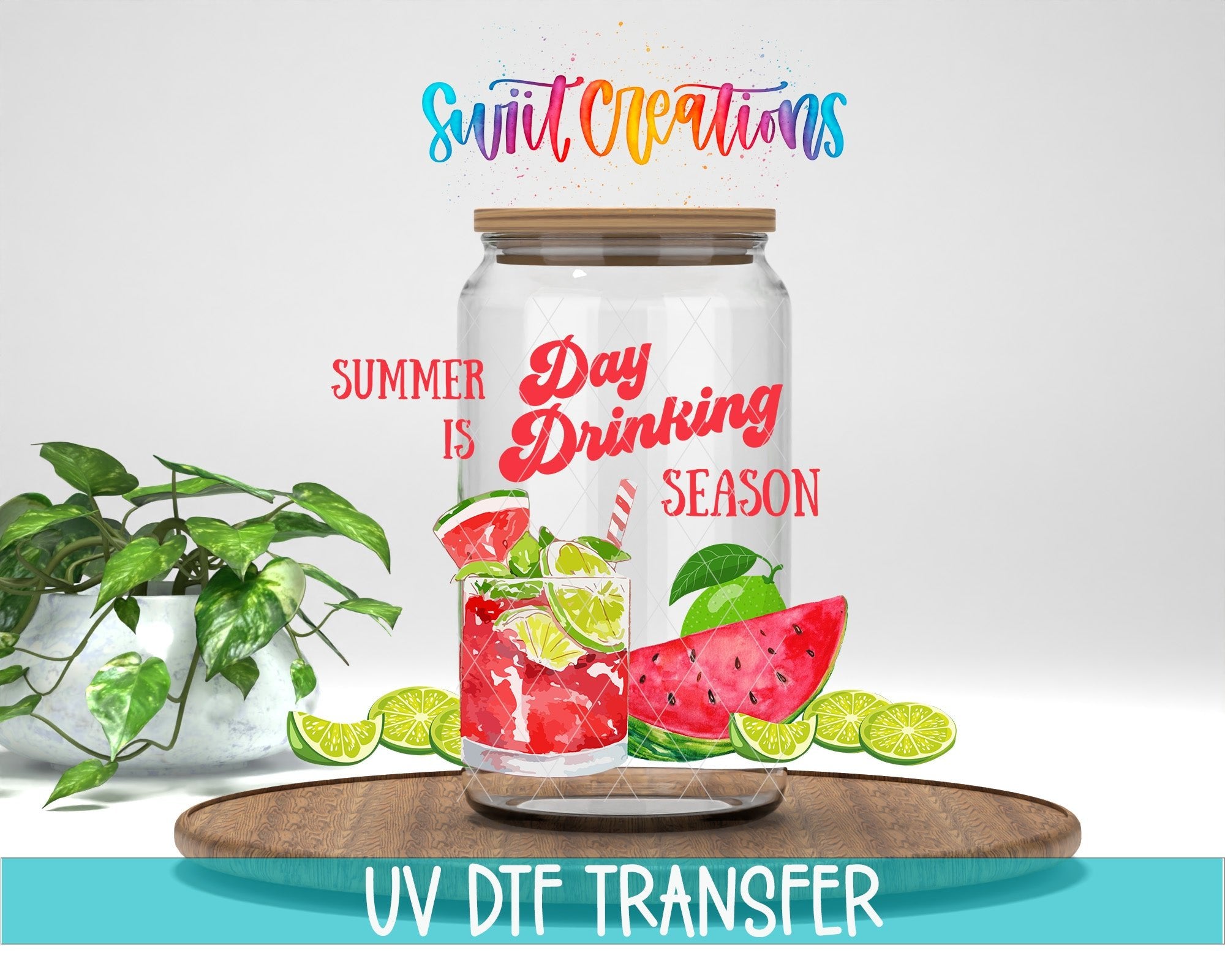 Day Drinking UV DTF Transfer Tumbler Wrap | Watermelon Lime Summer Cocktail Cup Decal | DTF008 - Swiit Creations