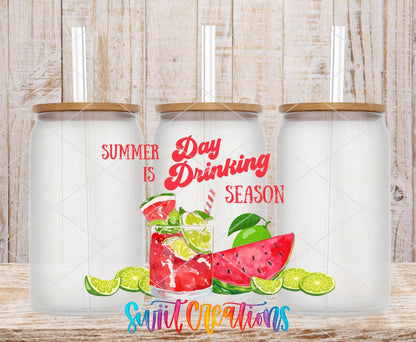 Summer Is Day Drinking Season UV DTF wrap on three clear glass cans with bamboo lids
