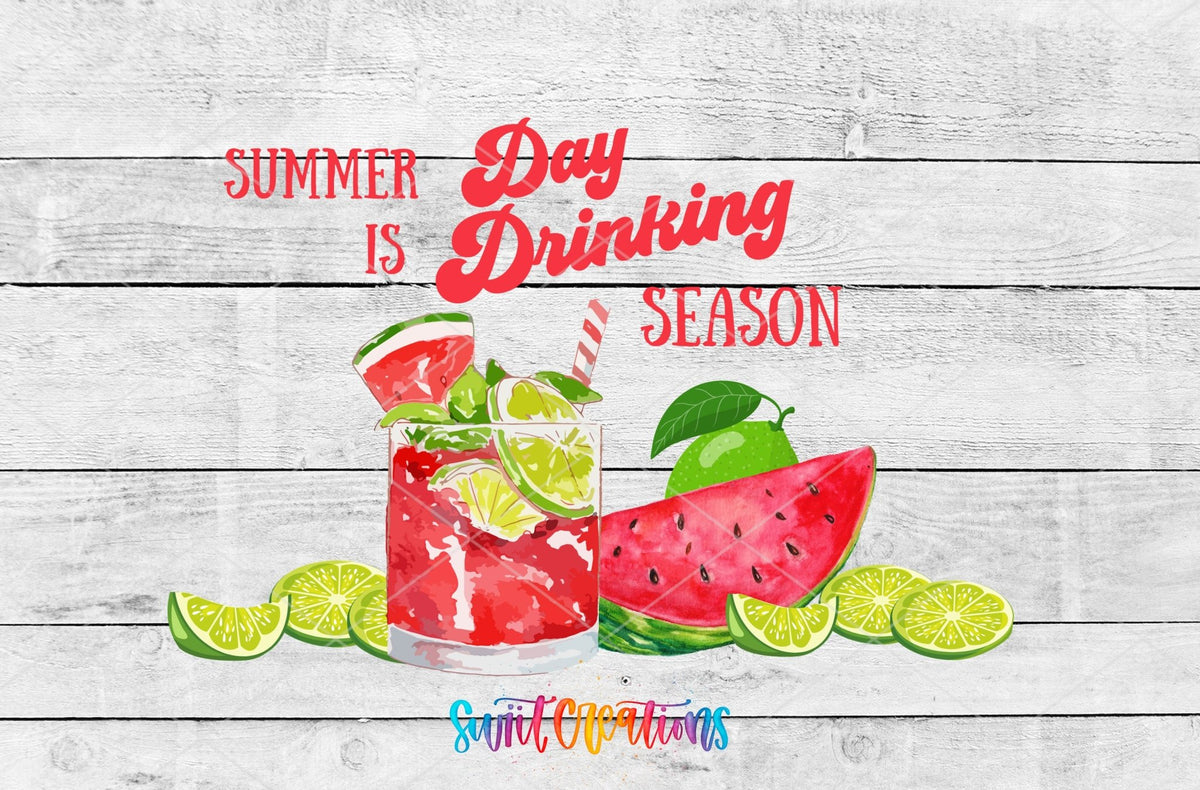 Summer Is Day Drinking Season UV DTF wrap artwork on a white wood background