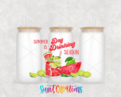 Summer Is Day Drinking Season UV DTF wrap on three frosted glass cans