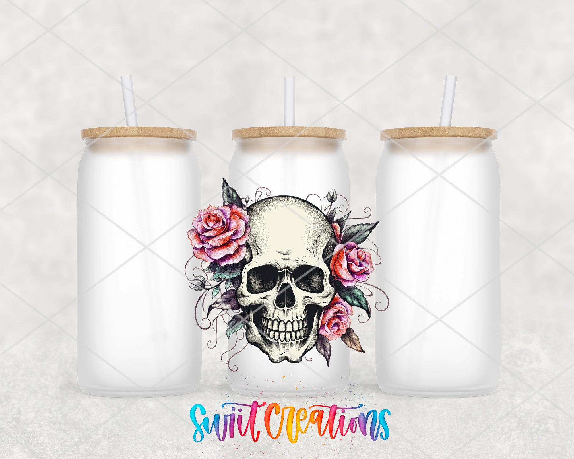a couple of white mason jars with a skull and roses on them