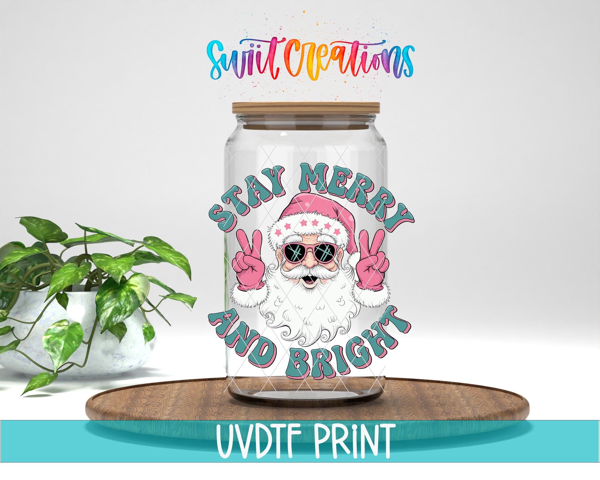 a glass jar with a santa clause on it
