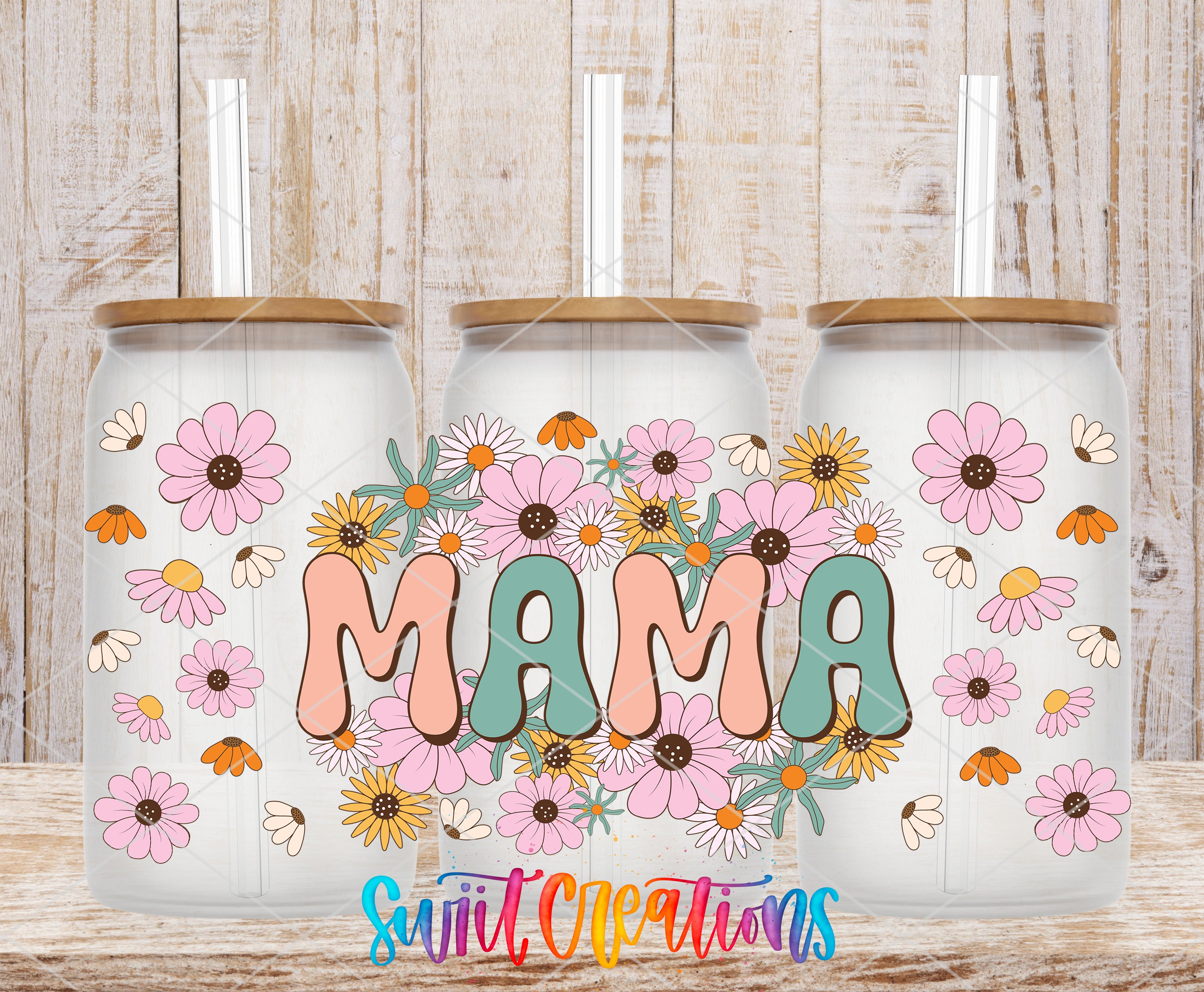 three glass jars with flower designs and the word "MAMA" written on them.