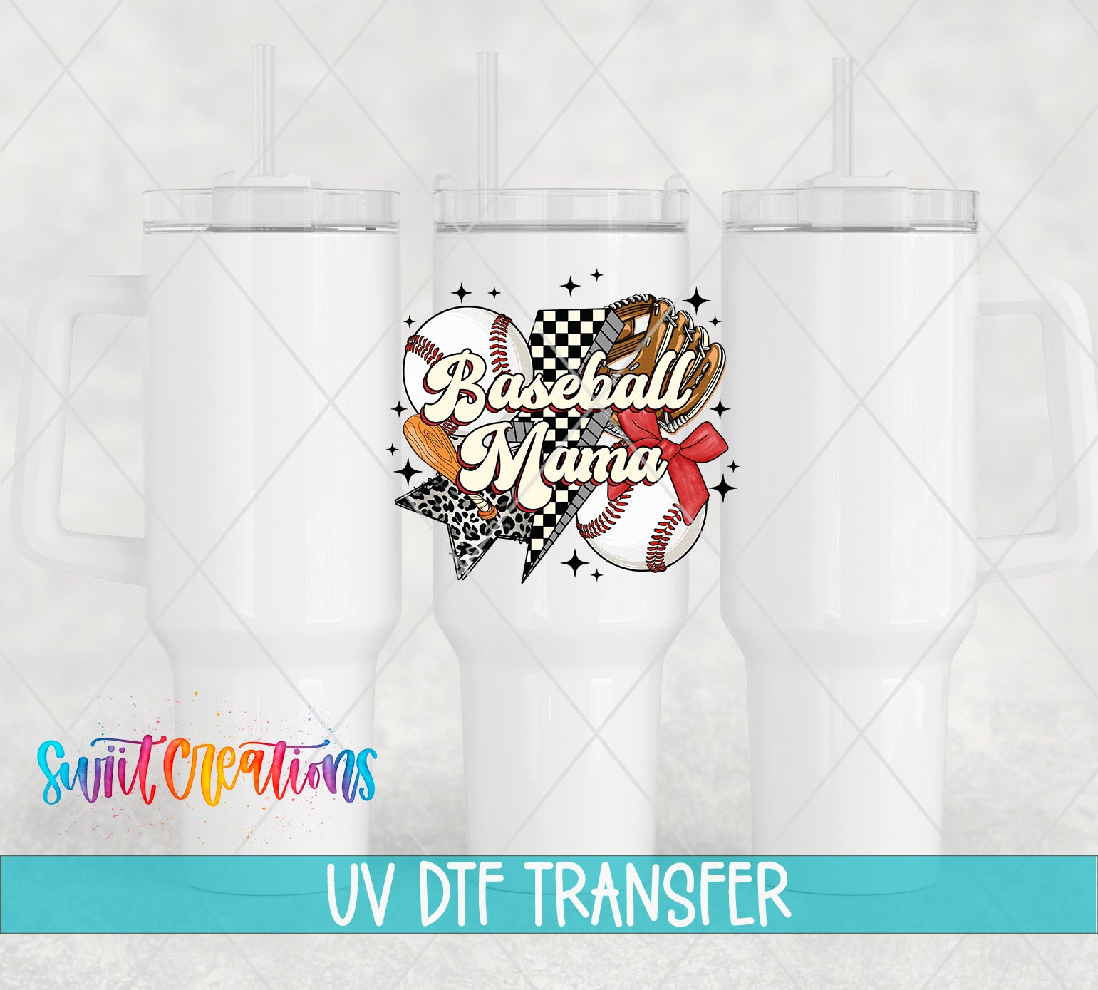 three white tumblers with a baseball-themed design, including a baseball, a checkered flag, and a star. The text "Baseball Mama" is displayed prominently in the center of the design.