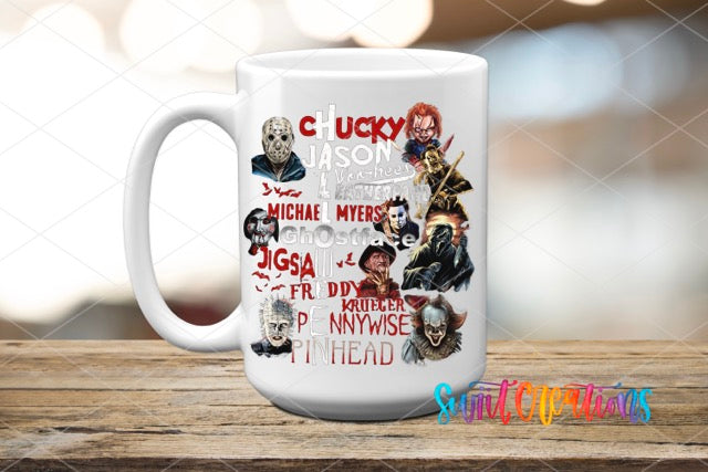 a white coffee mug with a bunch of characters on it