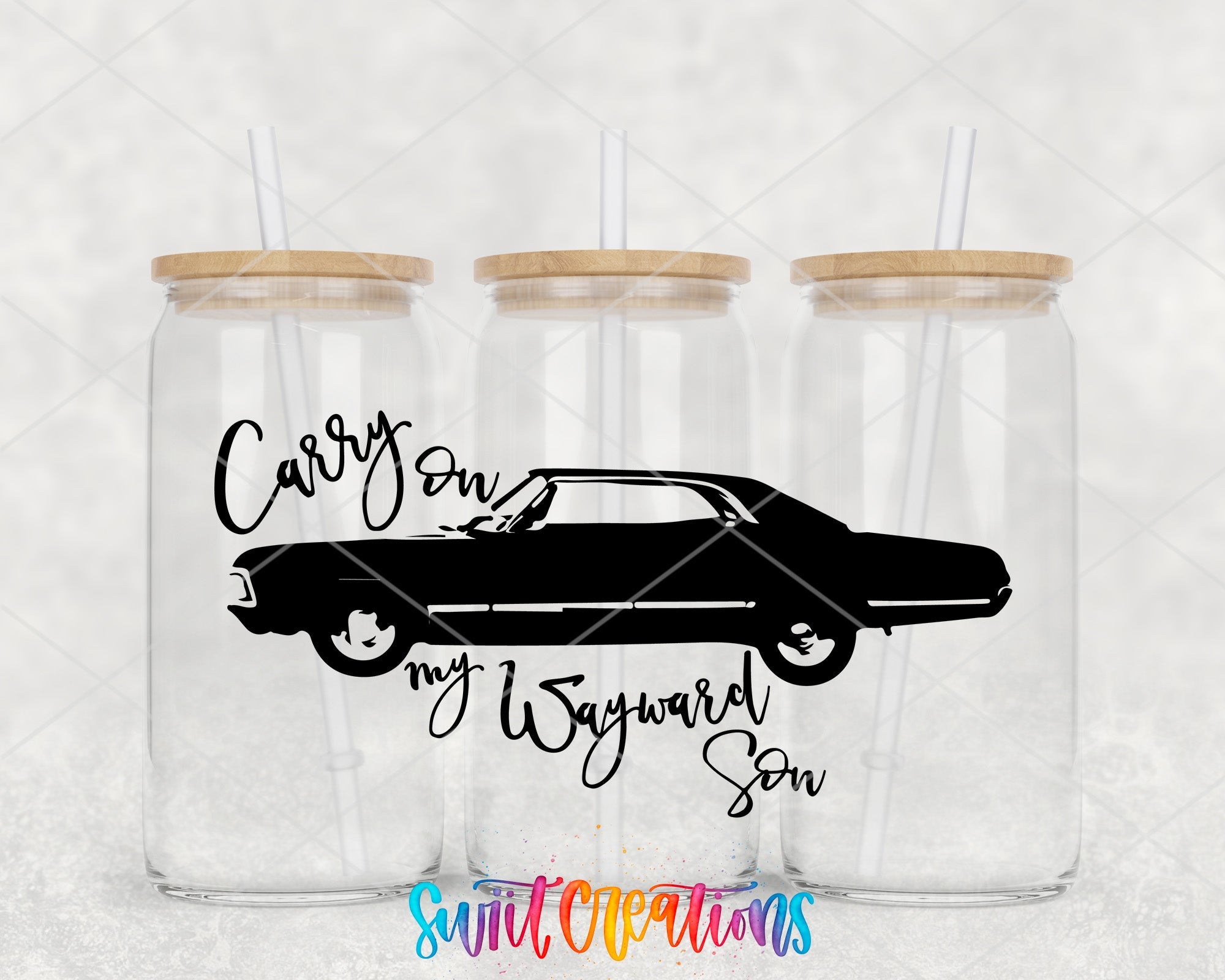 a couple of glass jars with a car on them