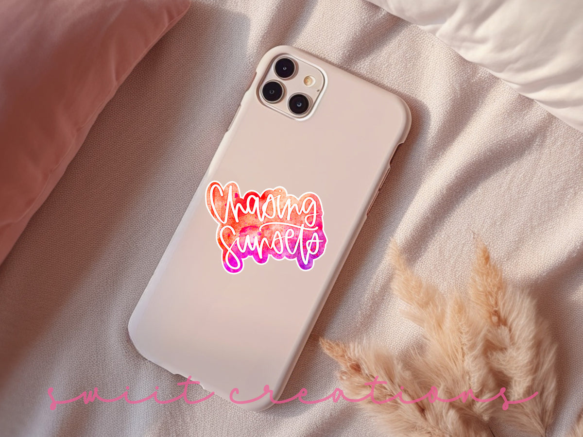 Chasing Sunsets sticker on a pink phone case