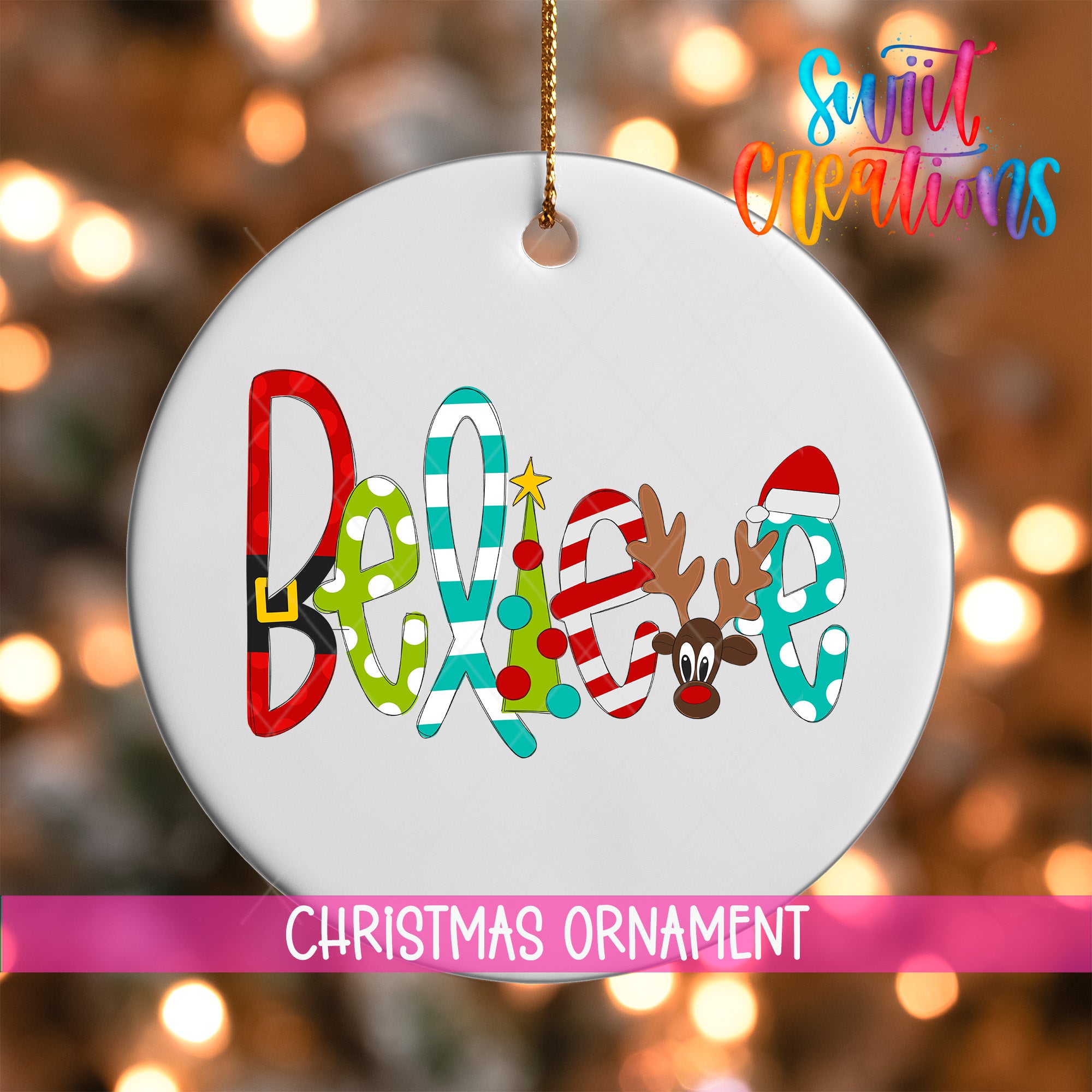 A white Christmas ornament with the word "Believe" written on it in a colorful, playful font.