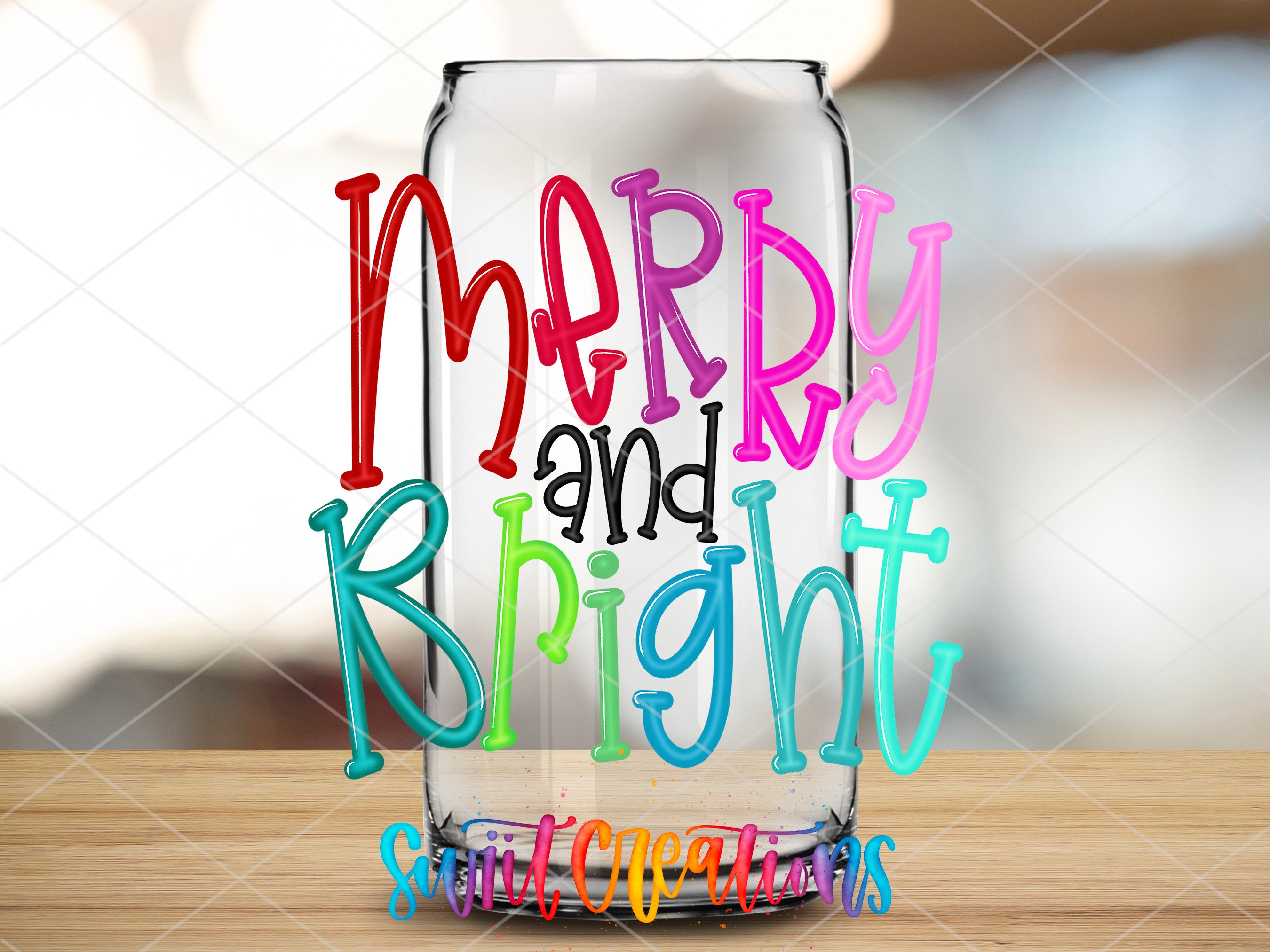 a glass with the words merry and bright painted on it