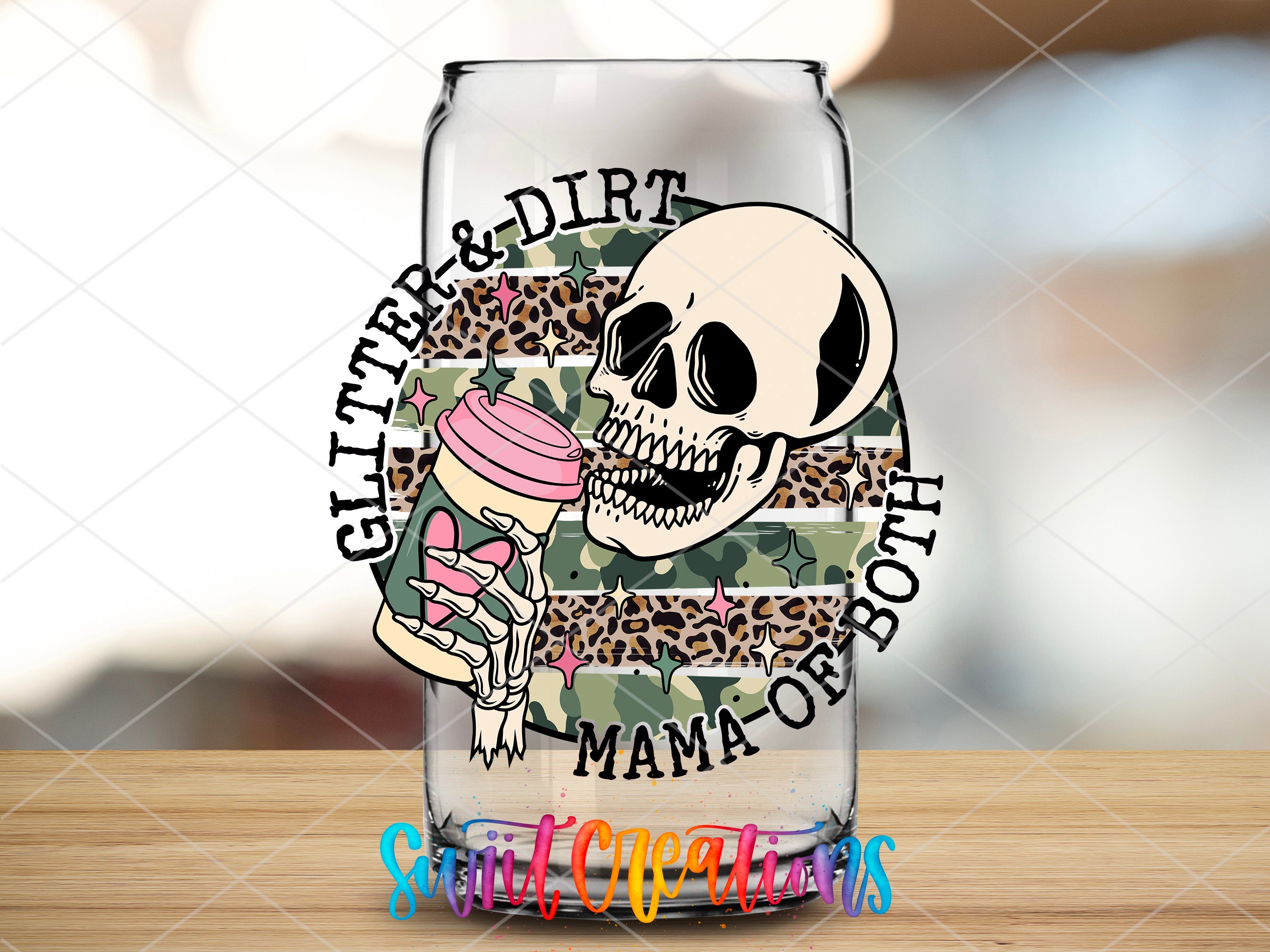 a glass with a skull holding a cup of ice cream