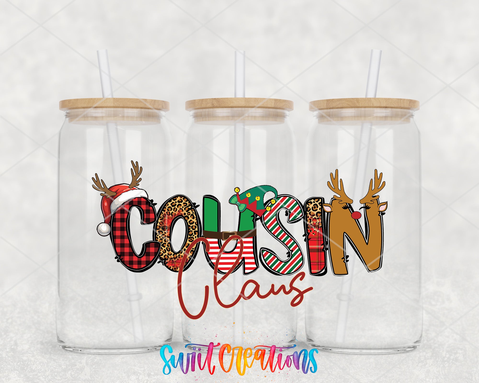 two clear tumblers with christmas designs on them