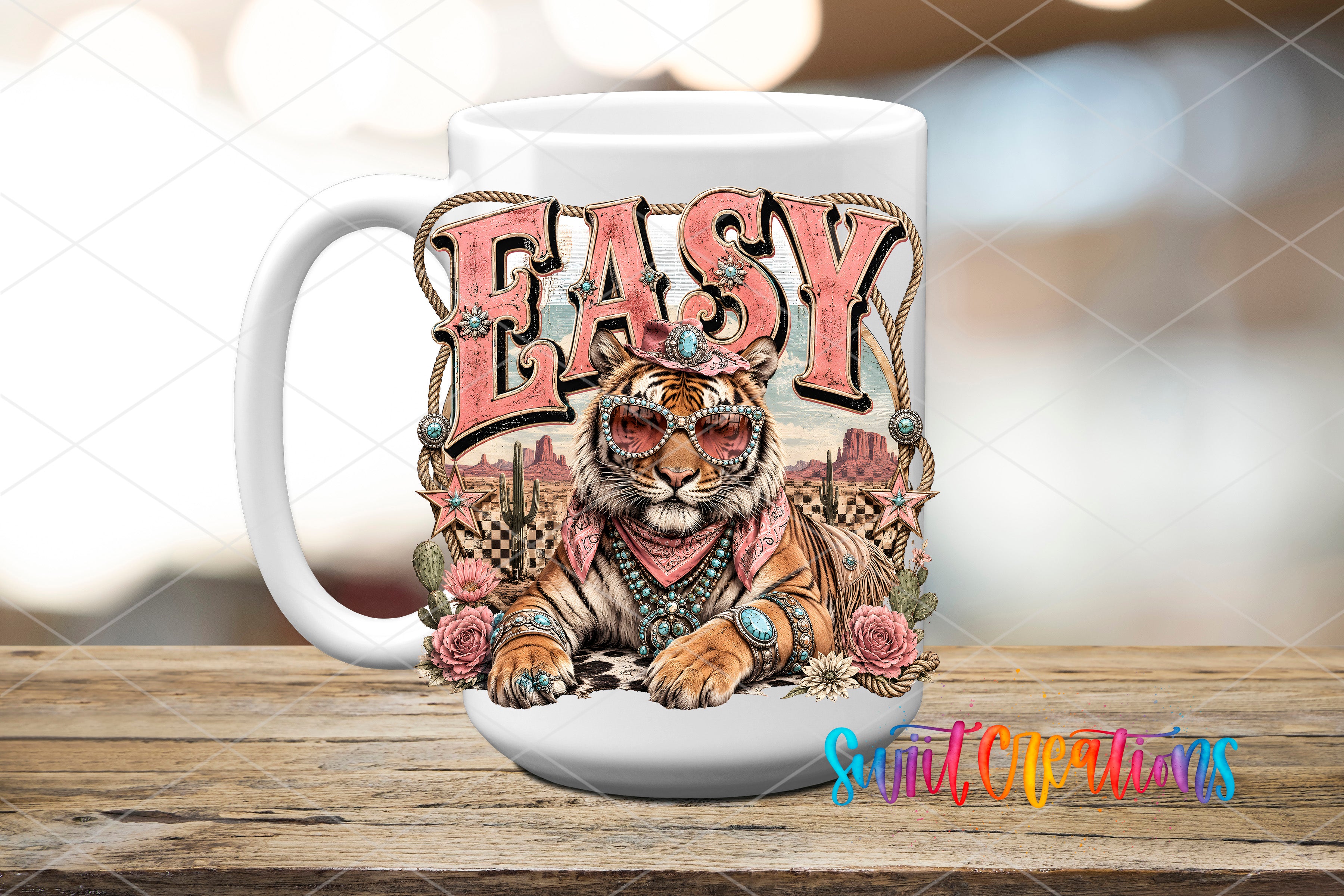 A white mug with a colorful and whimsical design featuring a tiger wearing sunglasses and surrounded by flowers and other decorative elements.