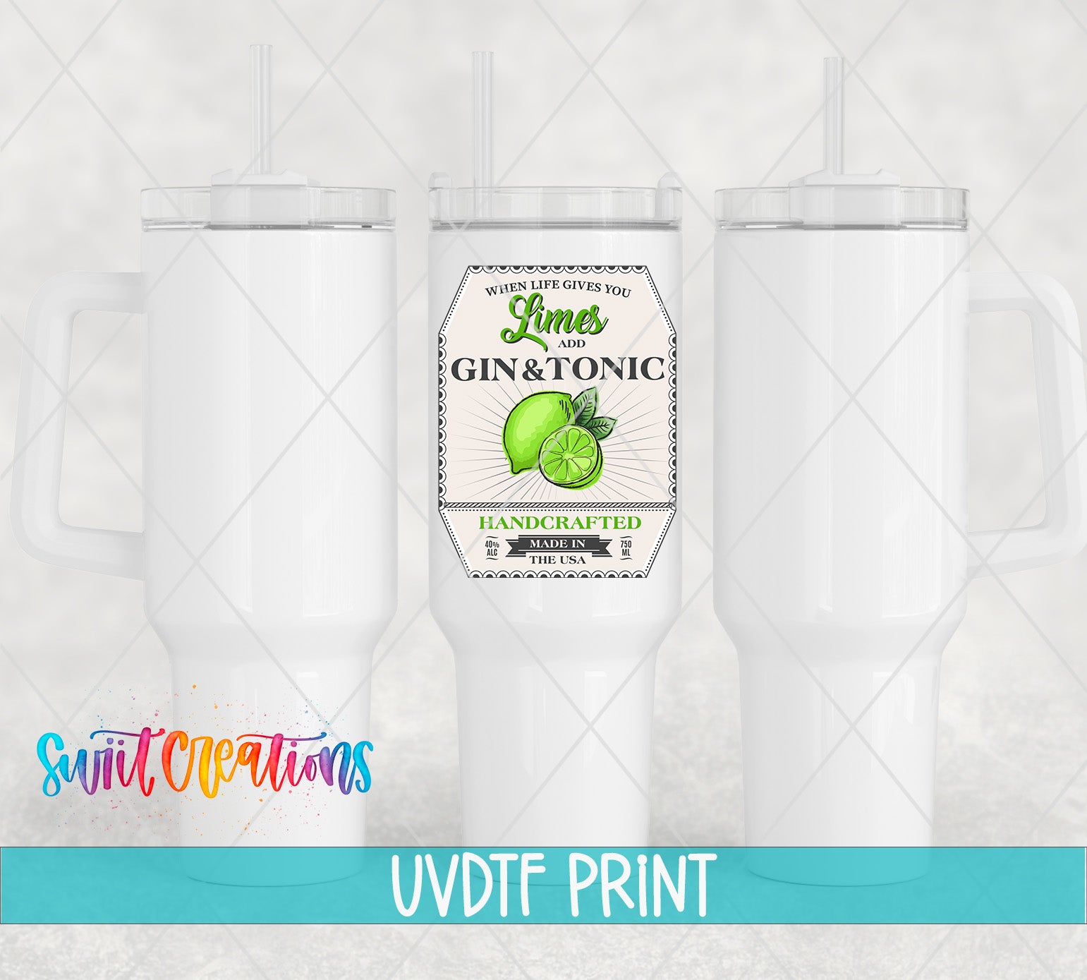 a set of three white tumblers with a green apple on them