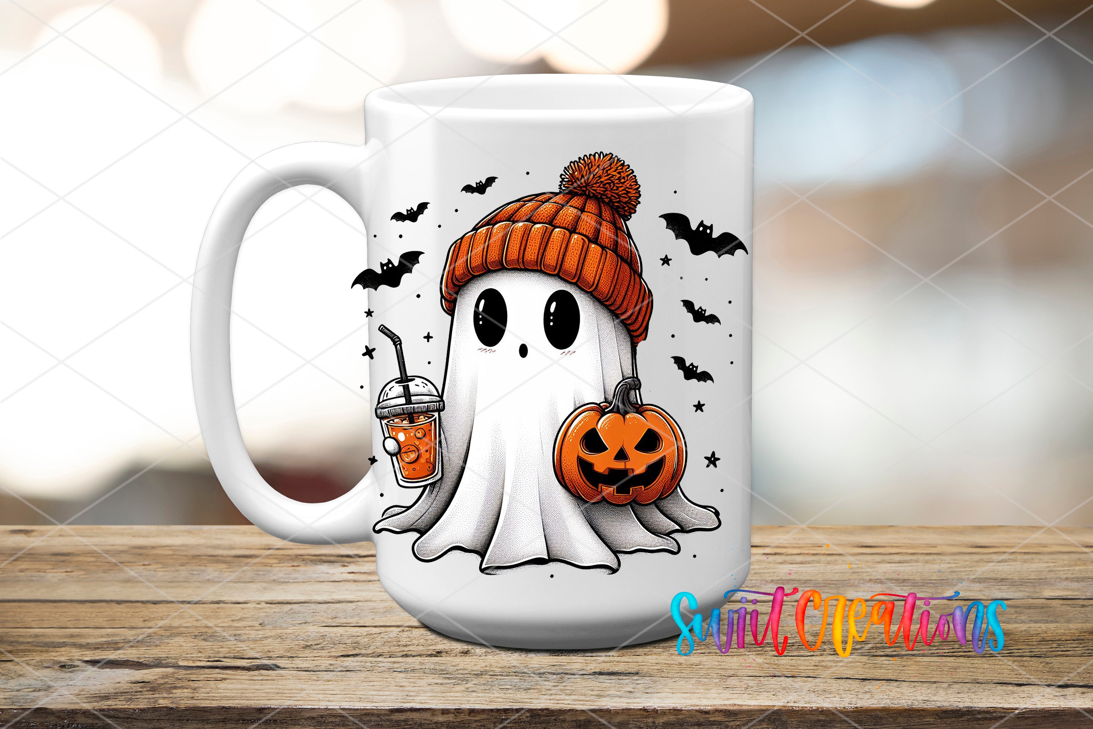 A white mug with a Halloween-themed design featuring a ghost wearing a knit hat and holding a pumpkin, with bats flying around.