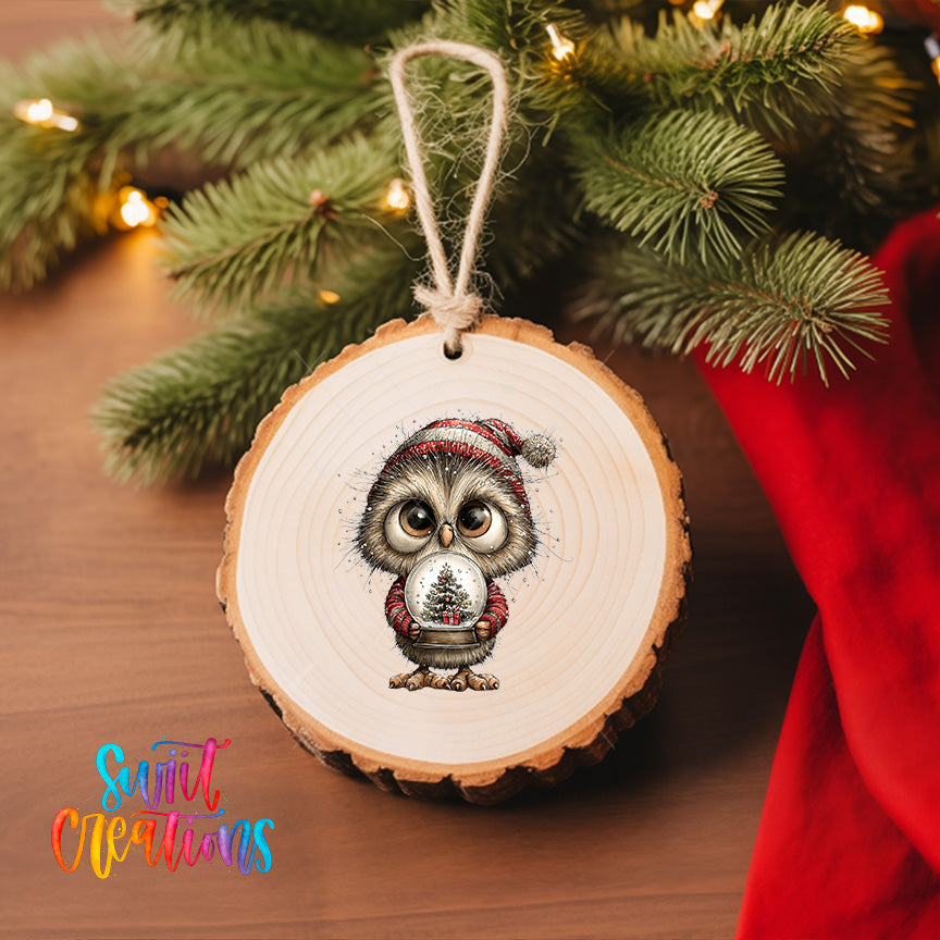 A wooden ornament featuring a cute owl wearing a red scarf and holding a snow globe, hanging on a Christmas tree.