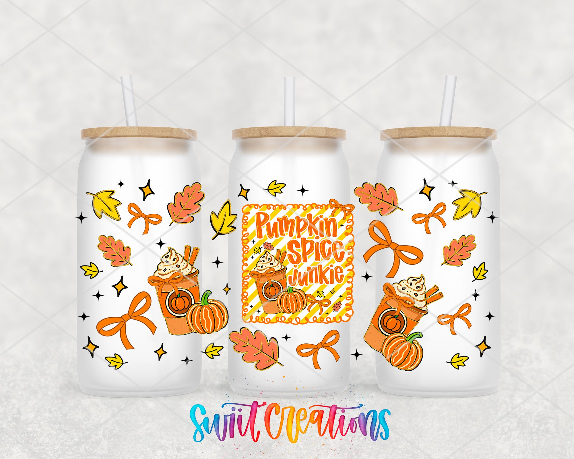 three white glass tumblers with autumn-themed designs and text.