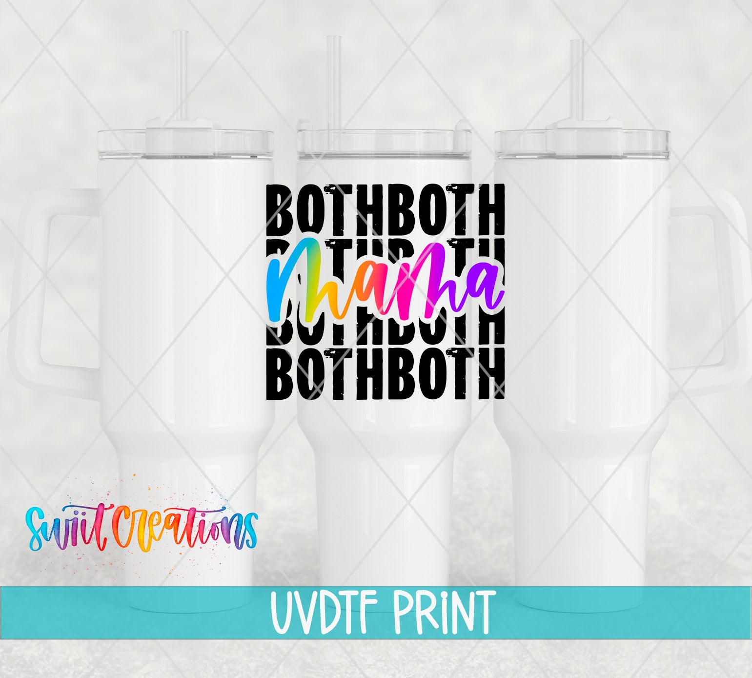 three white tumblers with the text "Both both both" printed on them in a colorful, stylized font.