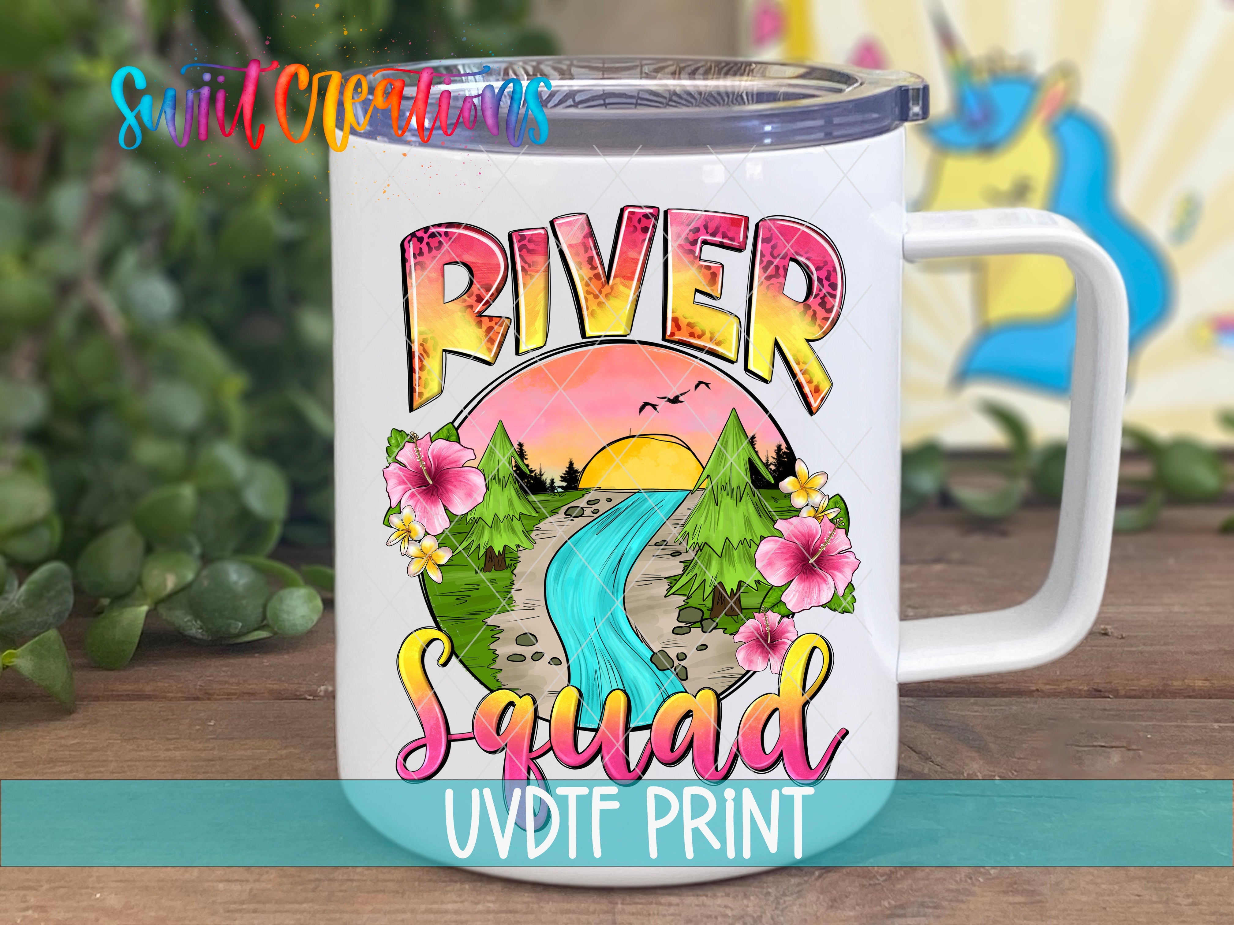 a white coffee mug with the words river squad on it
